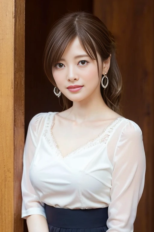 ((masterpiece:1.1, highest quality:1.1, 32K HDR, High resolution)), (1 girl, alone), (Mai Shiraishi&#39;s ultra-realistic portrait:1.15, japanese idol), (full body:1.5, white blouse that highlights the chest:1.6、black bra visible through clothes、BREAK、Tight Skirt、 big breasts:1.2)perfect slim body:1.1), highly detailed face, fine eyes, realistic skin texture, fine skin、 shiny skin, looking at the viewer, light brown hair, wavy hair, Ash-colored hair, high ponytail、Smile with all your might:1.2, earrings,clavicle、BREAK((The background is a rainy office district、group of buildings))、、from the front