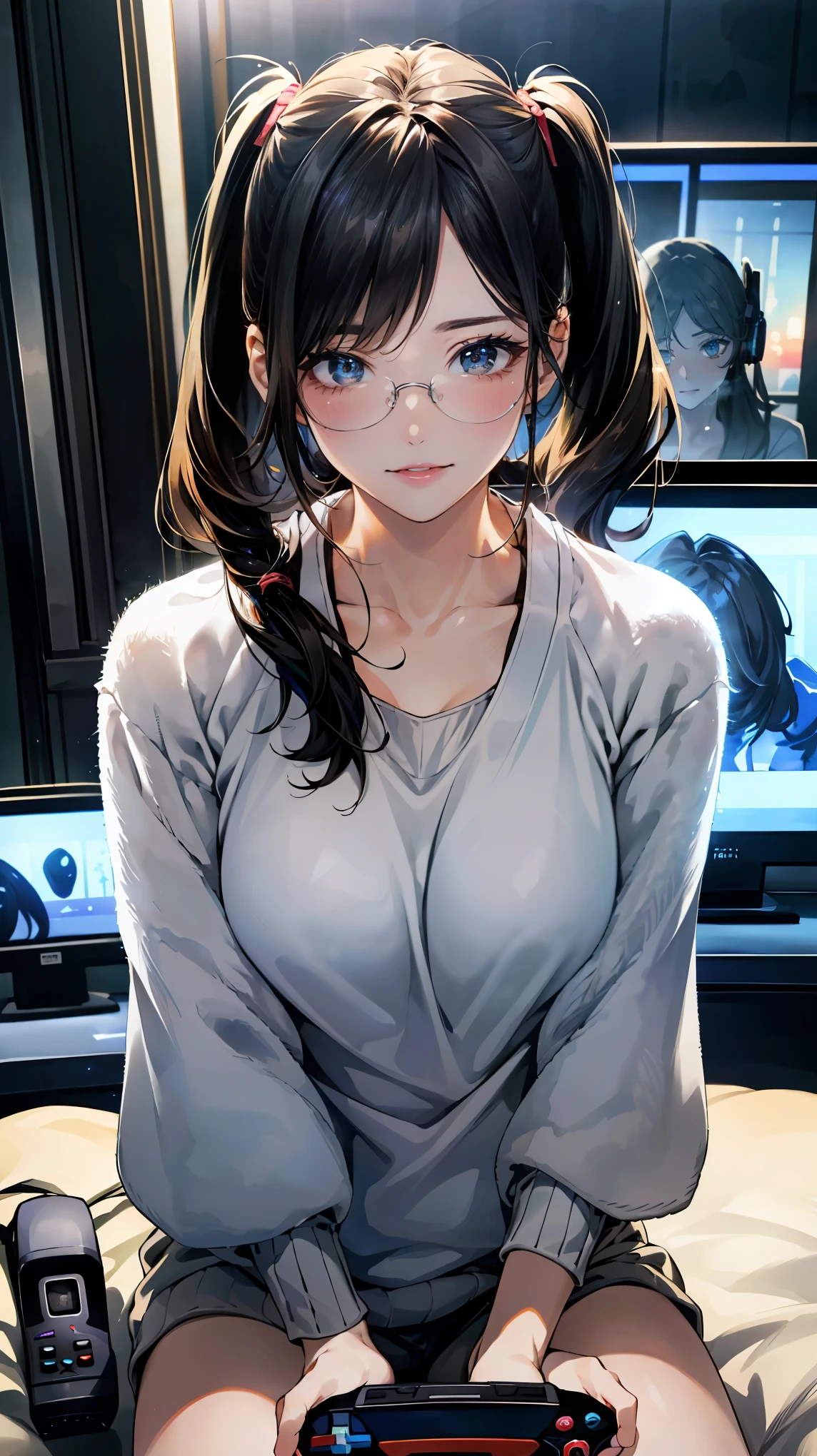 (masterpiece:1.3, top-quality, ultra high res, ultra detailed), (realistic, photorealistic:1.4), beautiful illustrations, perfect lighting, natural lighting, colorful, depth of fields,
looking at the viewer, upper body, (front view), 1 girl, perfect face, cute symmetrical face, shiny skin, , long eyelash, (large breasts), (wide hips),
beautiful detailed hair, beautiful detailed face, beautiful detailed eyes, beautiful body, beautiful clavicle, beautiful breasts, beautiful thighs, beautiful feet, beautiful fingers, 
(beautiful scenery, seductive smile, upper eye, parted lips), beautiful girl, glasses, pigtails, (only sweatshirt), game controller, headphone, 
(multiple computers:1.5), (dark room:1.5), sitting on the floor, under the covers, (disheveled, japanese room:1.2, lots of game consoles), erotic game,