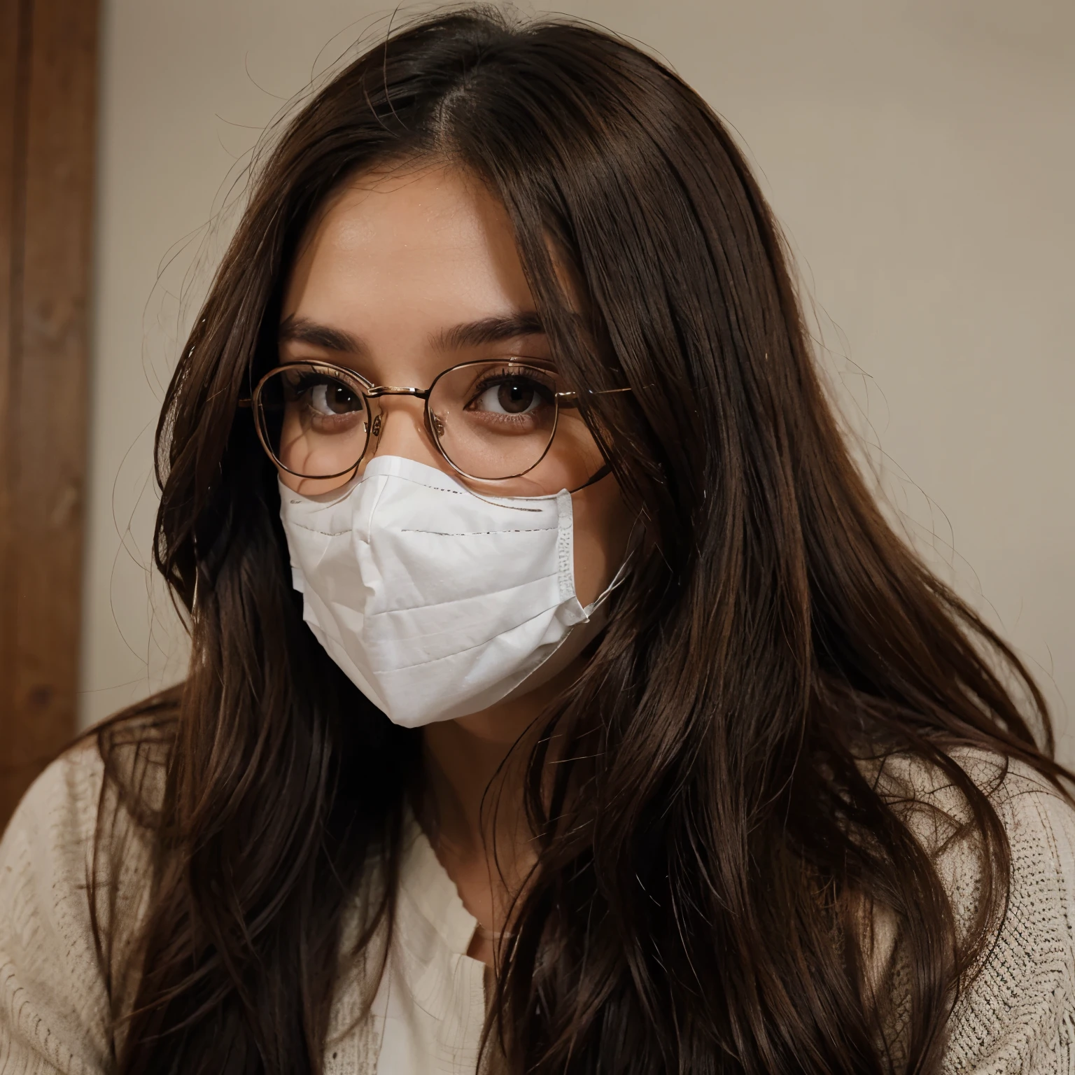 Beautiful face, mask, glasses, brown eyes, long brown dark hair, cute