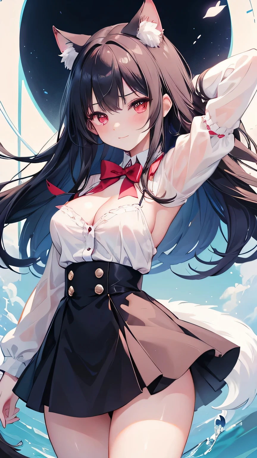 masterpiece, best quality, {best quality}, {{masterpiece}}, {High resolution}, focus, anime style, Cartoon close-up of a woman, girls design, portrait, gisha, anime image, long hair, black hair, look directly into the eyes, hair covering ears, happy, Polished and powerful look, out of tune, High, freckle, Smile, chic, colorful, beautiful hair color、 beautiful eyes、 beautiful skin、beautiful legs、beautiful arms、perfect fingers、 Very cute,white hair, long hair,white cat ears, white cat tail,best quality,High resolution,top quality,pink bow,slender eyebrows,hair slightly moist,,very young,18 years old,Shy的Smile,Lift up most of the skirt with both hands,Wearing black knee-high socks on the right leg,Wearing white knee-high socks on the left leg,extra large breasts,plump breasts,tall figure,pink bow ,Red eyes,white skirt,Blushed,Shy,凸显extra large breasts,Breasts mostly exposed,Reveals large cleavage,Your back is to me,Show a little ass,extra large breasts,exposed breasts,Only a little bit of clothes on the whole body