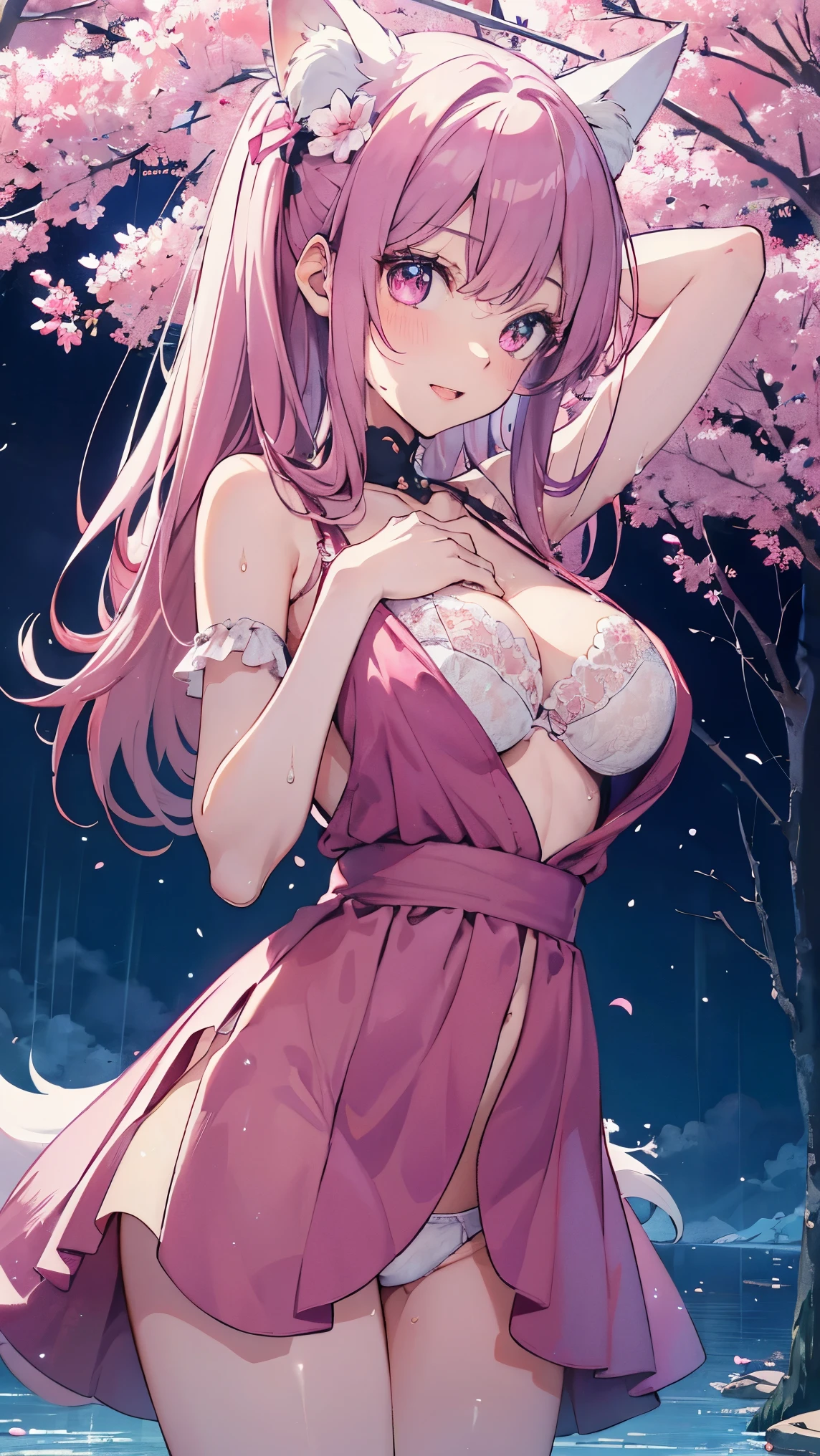 Nine pure white fox tails (1.0), milky white fox tail (1.0), キツネのKyuubiのクローズ アップ, Kyuubi, Kyuubi, Anime girl in a pink dress with pink hair and flowers in her hair, very beautiful anime fox girl, beautiful anime fox girl, beautiful fantasy anime, Gweiz, anime girl with fox ears, beautiful anime girl, very beautiful and cute fox girl, pink flower rain, background blur, anime style 4k, anime fantasy artwork, 4k anime wallpaper, Gubes style artwork,naked,wipe panties,expose one's chest,sexy and excited,beautiful breasts,white skin,pointed chest,erect nipples,porn images,a lot of sweat,Wet,pussy juice,Clothes are transparent,lingerie