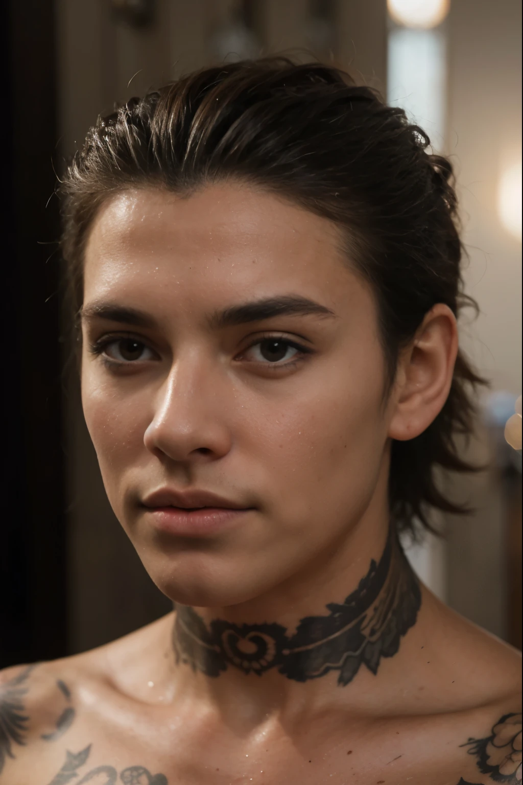 (realistic photography) (hombre moreno) (tatuado) (By the chestnut) (serio) (sin bello facial)