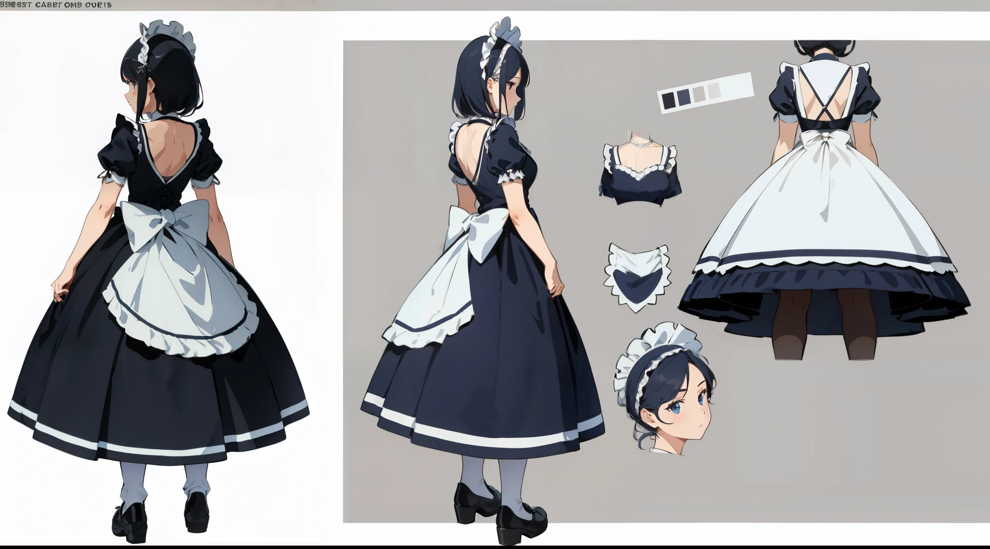 （character design sheet,The same character all over,street frontage,side,back)）），（masterpiece，top quality，best quality，official art，Beauty and Aesthetics：1.2），（1 girl），（maid outfit，lace，maid cap：1.2），（（front，back，side）），（solid color background）