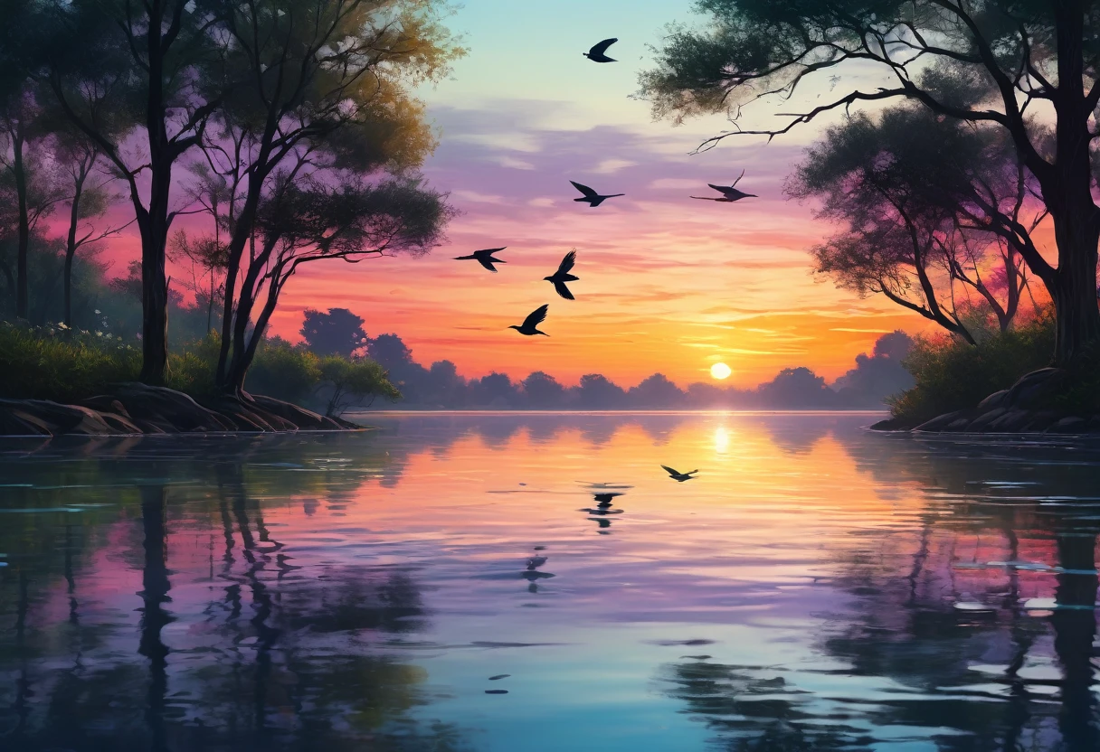 best quality,4k,8k,highres,masterpiece:1.2,ultra-detailed,realistic:1.37,impressionism,soft colors,beautiful sunset,dreamy lighting,water ripples,tall trees,quiet pond,serene atmosphere,tranquil moment,peaceful reflection,gentle breeze,blurred background,subtle brush strokes,calmness,mirror-like surface,meditative,harmonious colors,silhouette of birds flying,vivid hues,light and shadow interplay