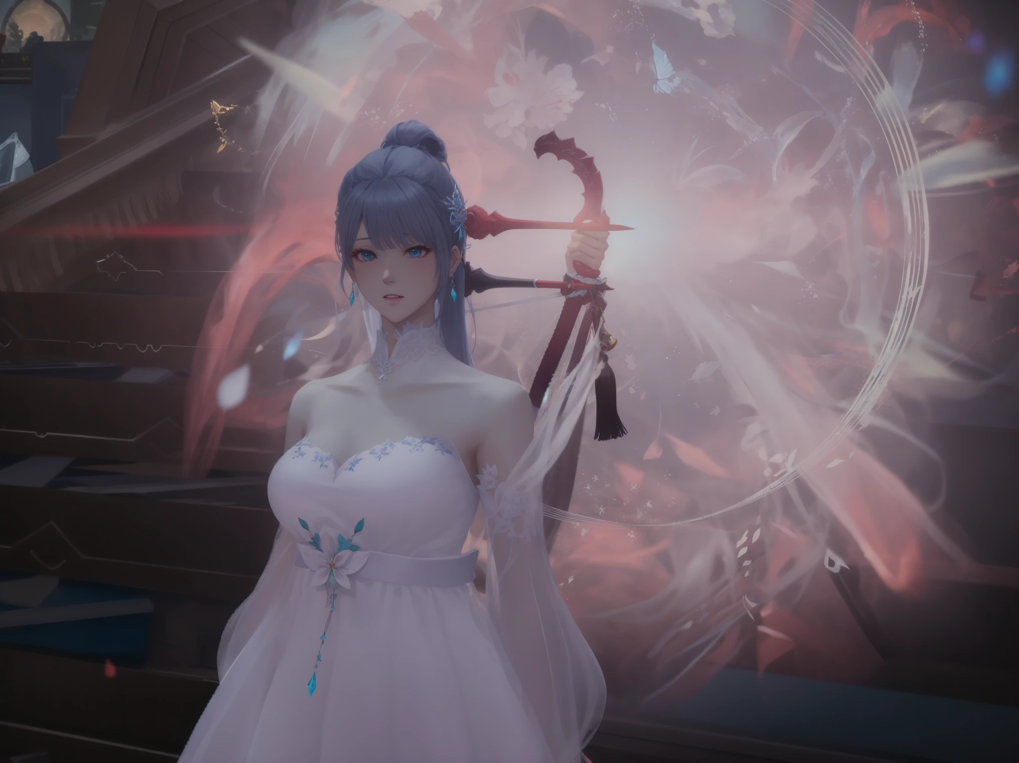 il y a une femme en robe blanche tenant un vélo, atelier lulua, lineage revolution style 2, essence étheree, from lineage 2, je vais, blade and soul, white-haired deity, aura blanche et brillante, inspired by Li Tang, attractive and captivating woman, Ayaka genshin impact, Ethereal Aura, du jeu vidéo Azur Lane