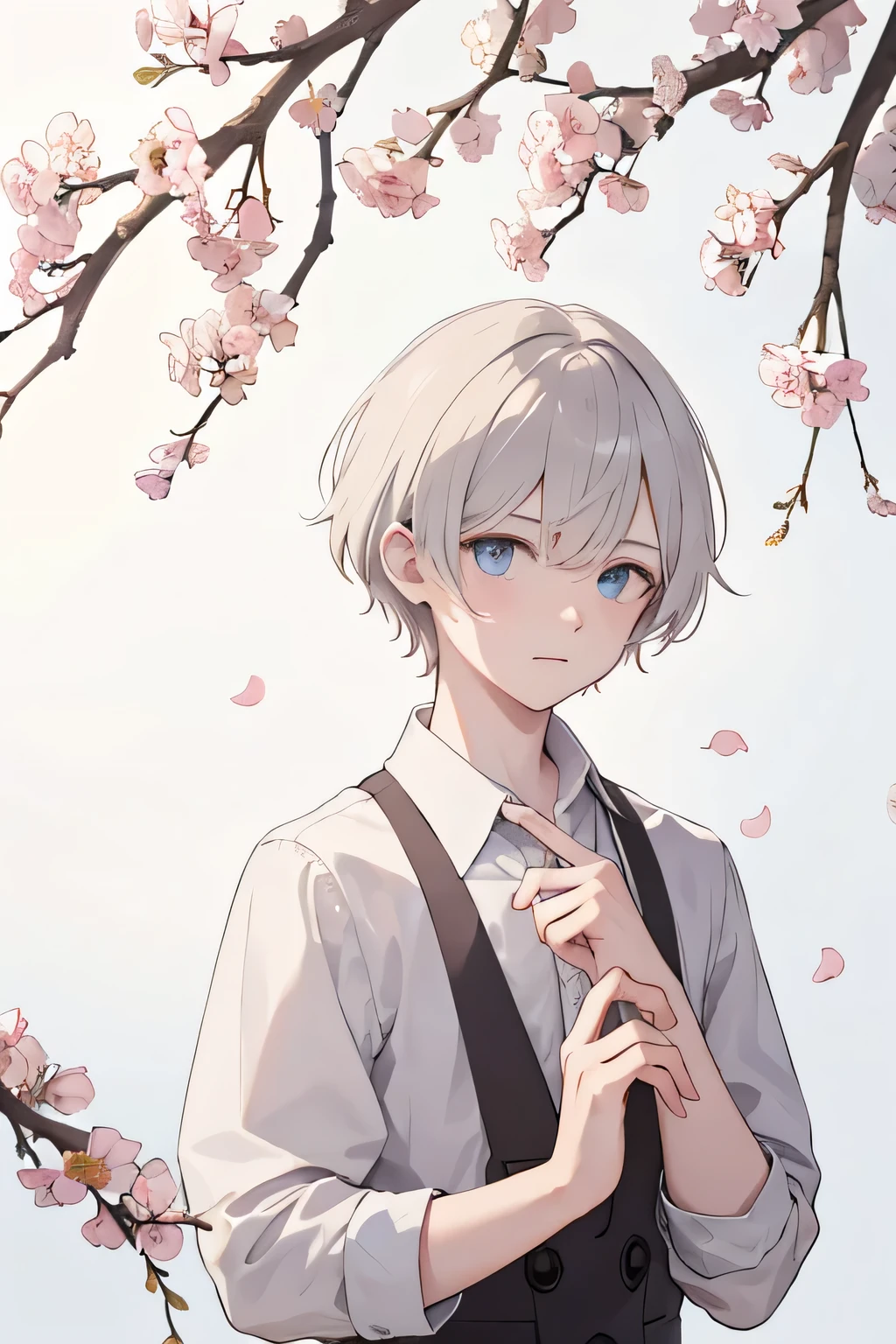 boys,boys,short hair,flowering branch, Correct hand structure, Perfect hand details, Perfect hand structure, Perfect finger structure