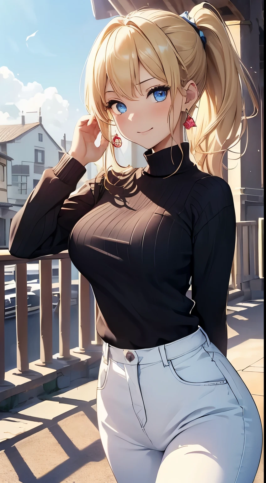 top-quality、Top image quality、​masterpiece、girl with((18year old、Best Bust、big bast,Beautiful blue eyes、Breasts wide open, Blonde ponytail、A slender,Large valleys、Black sweater、White pants、Ruby Earrings、Fluttering in the wind、A slight smil、jumpping)）hiquality、Beautiful Art、Background with((beautiful morning town、strong breeze)))、,masutepiece、visualart、depth of fields、