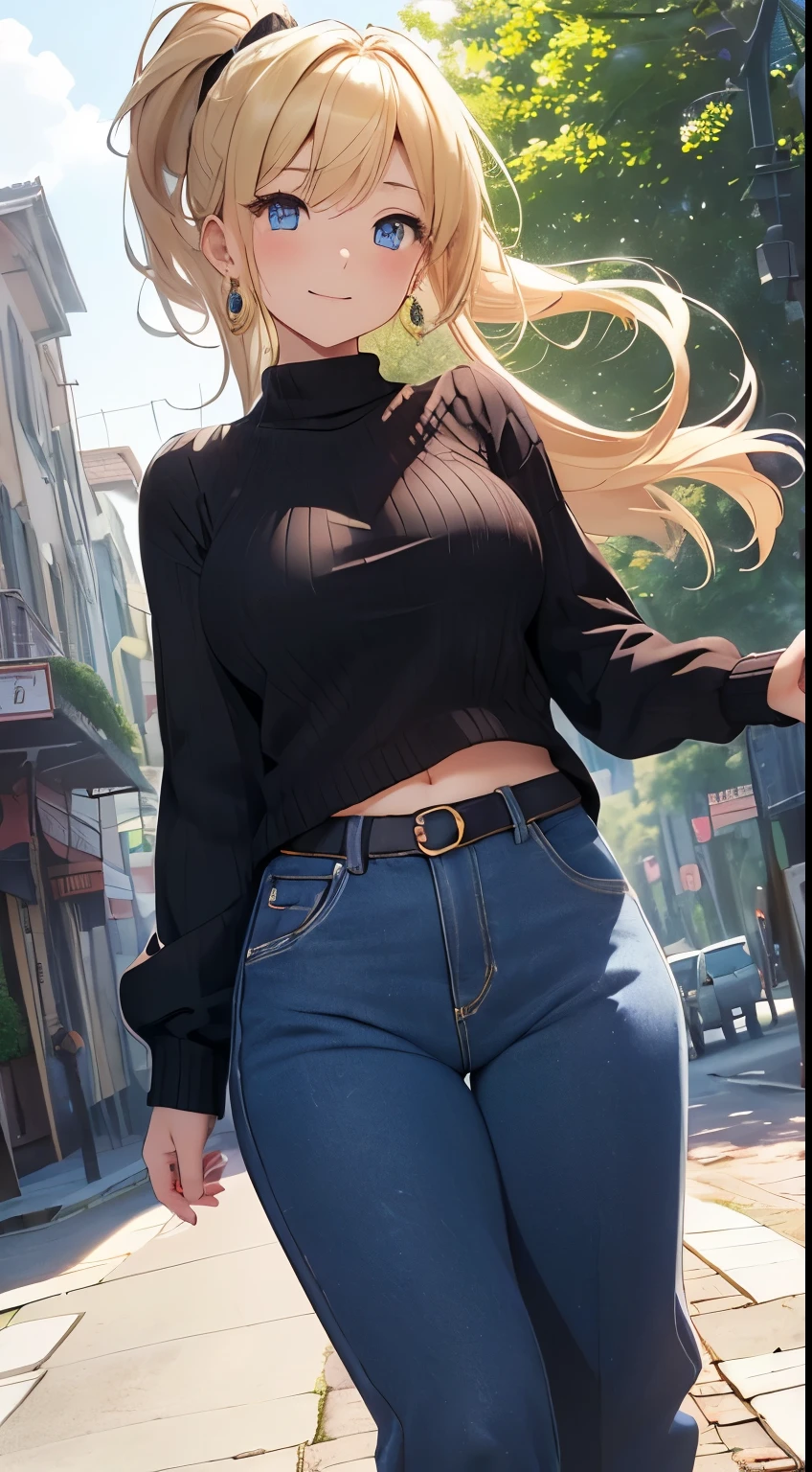 top-quality、Top image quality、masterpiece、girl with((18year old、Best Bust、big bast,Beautiful blue eyes、Breasts wide open, Blonde ponytail、A slender,Large valleys、Black sweater、White pants、Ruby Earrings、Fluttering in the wind、A slight smil、jumpping))hiquality、Beautiful Art、Background with((beautiful morning town、strong breeze)))、,masutepiece、visualart、depth of fields、