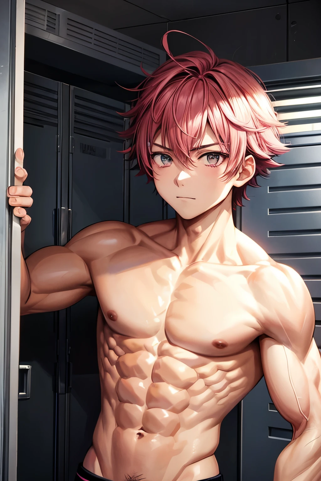 Anime guy about 16 in the locker room without a shirt With pink hair 6 pack abs and strong arms