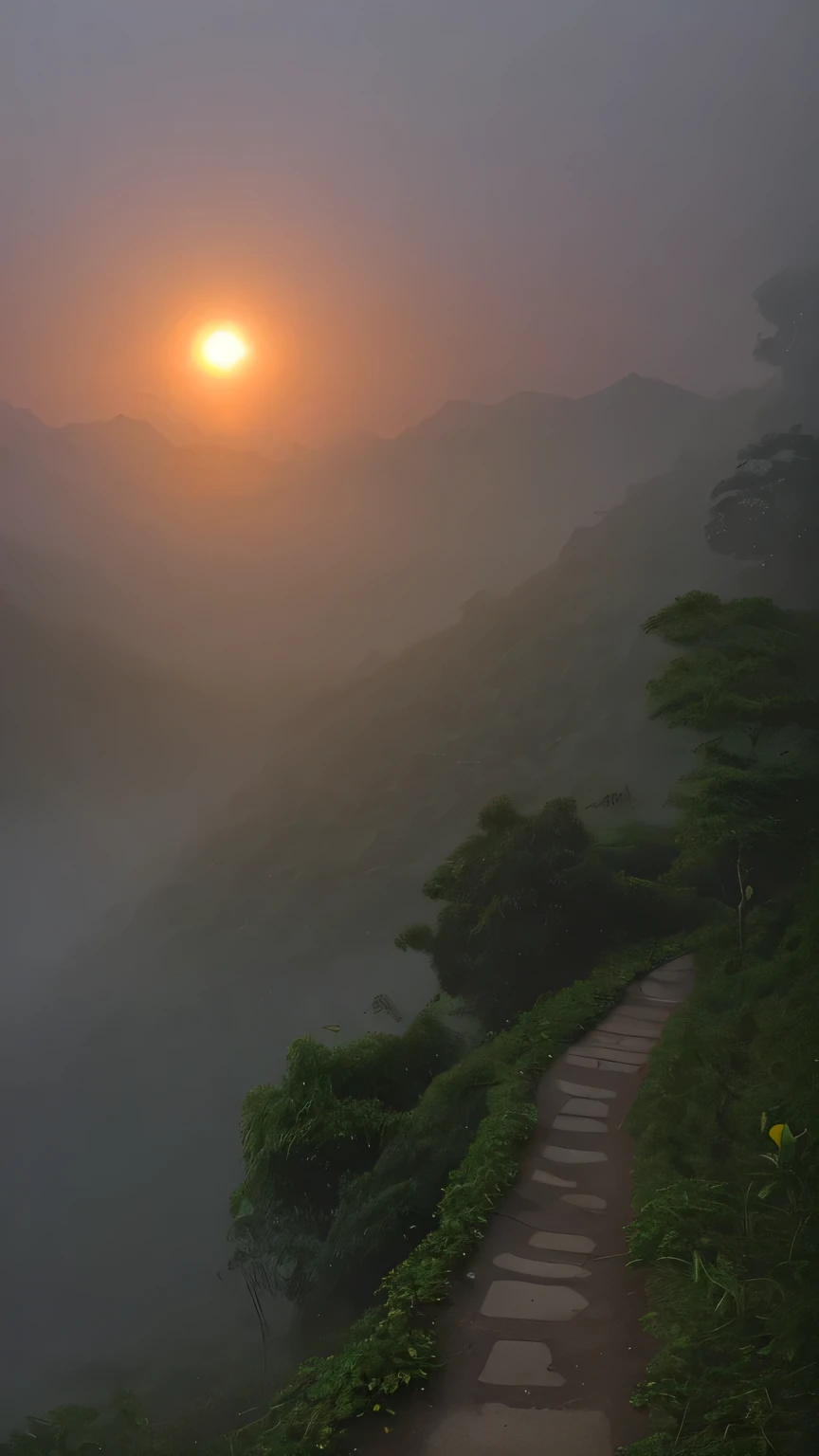 mystery,Faint light,deep in the mountains,curved path,Jungle trails,mountains in the distance,weak sunlight,it'it's foggy,woman back view,watch the sunrise