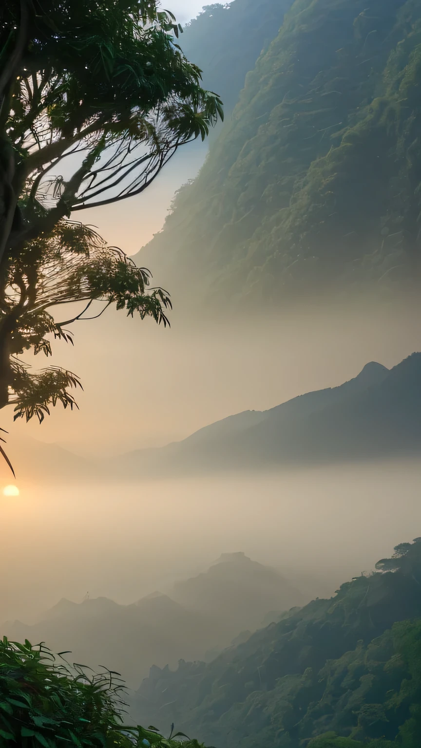 mystery,Faint light,deep in the mountains,curved path,Jungle trails,mountains in the distance,weak sunlight,it'it's foggy,woman back view,watch the sunrise