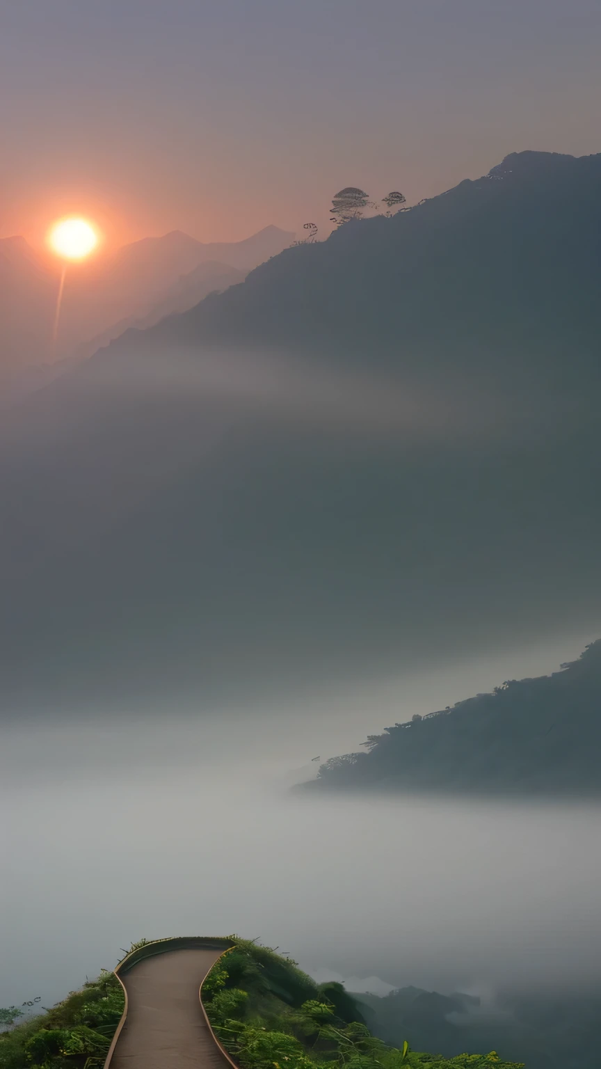 mystery,Faint light,deep in the mountains,curved path,Jungle trails,mountains in the distance,weak sunlight,it'it's foggy,woman back view,watch the sunrise