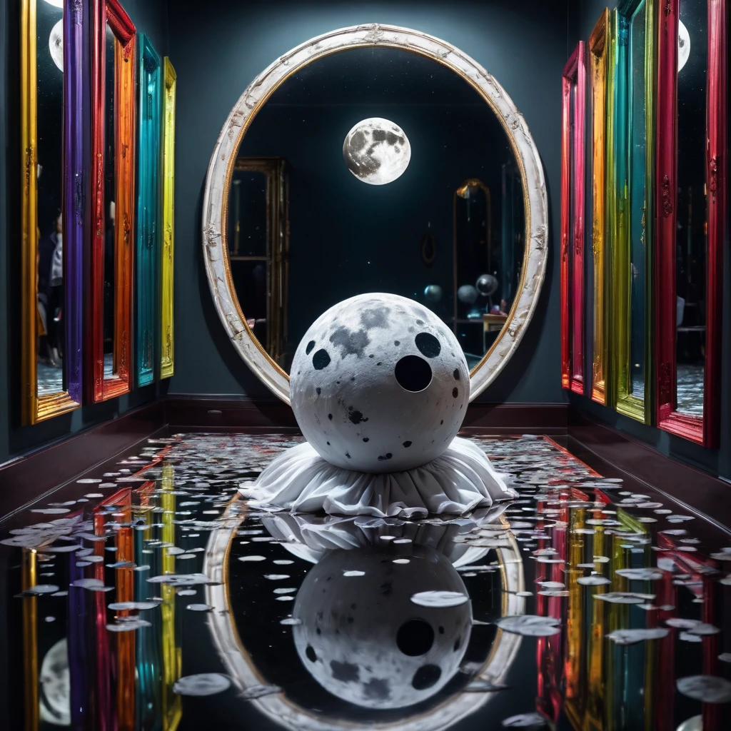 (best quality, 4k, high resolution: 1.2), a room full of mirrors, a sad moon pierrot, reflection in all the mirrors, bright colors, extremely detailed, contrast lighting, sharp focus, detailed facial expression