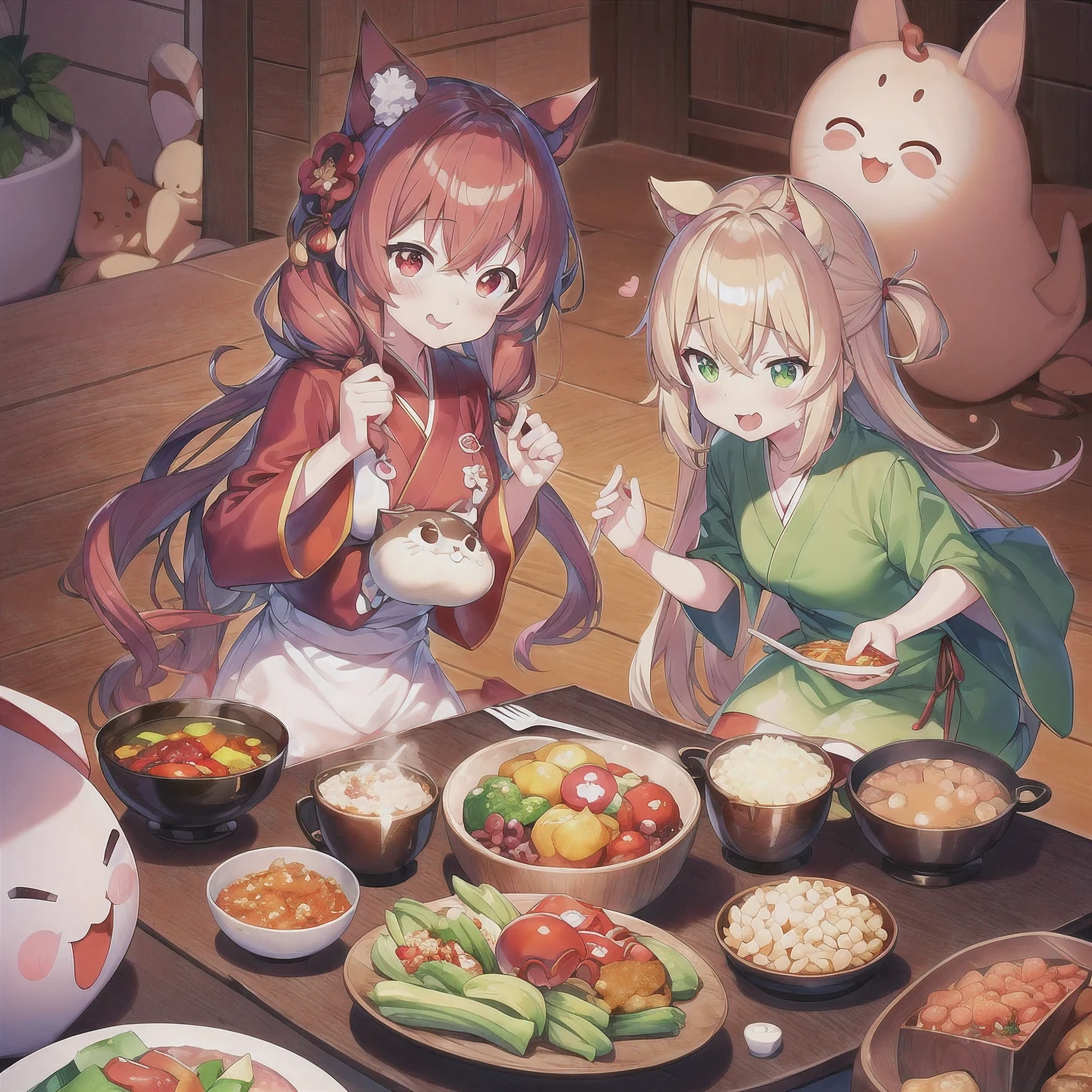 (comida estilo anime, mouth-watering dish, Appealing presentation, dynamic angle, mordida deliciosa, cores vibrantes, tigela fumegante, tempero perfeito, acabamento detalhado, mouth-watering texture) There&#39;s a bowl of soup with a cat&#39;s face and green peppers, Saugetsu, O gato prepara sopa, gato kawaii, Nada, sugar, comida de anime, Madotsuki, ❤🔥🍄🌪, bonitinho:2, umamusume, Beans, negao, japanese kawaii style, kawaii, danbooru