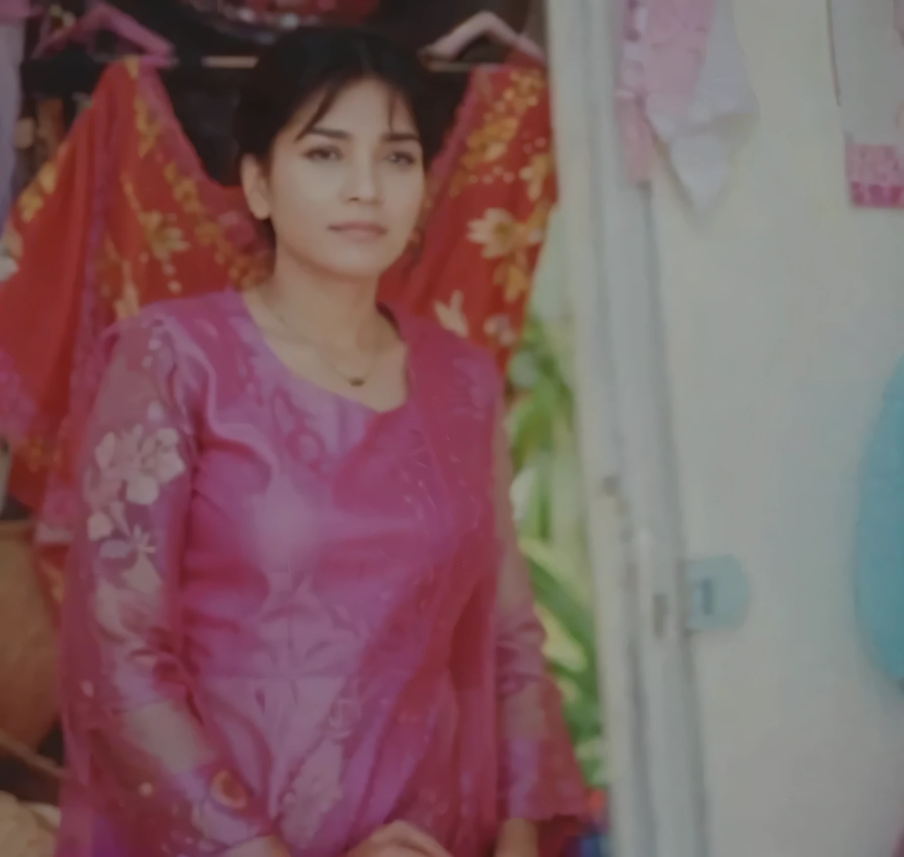 “Image of a mother wearing bright pink clothes with texture. In the background, there is a bright red cloth with intricate designs and patterns. On the right side of the image, you can see a white cloth with colorful designs.”