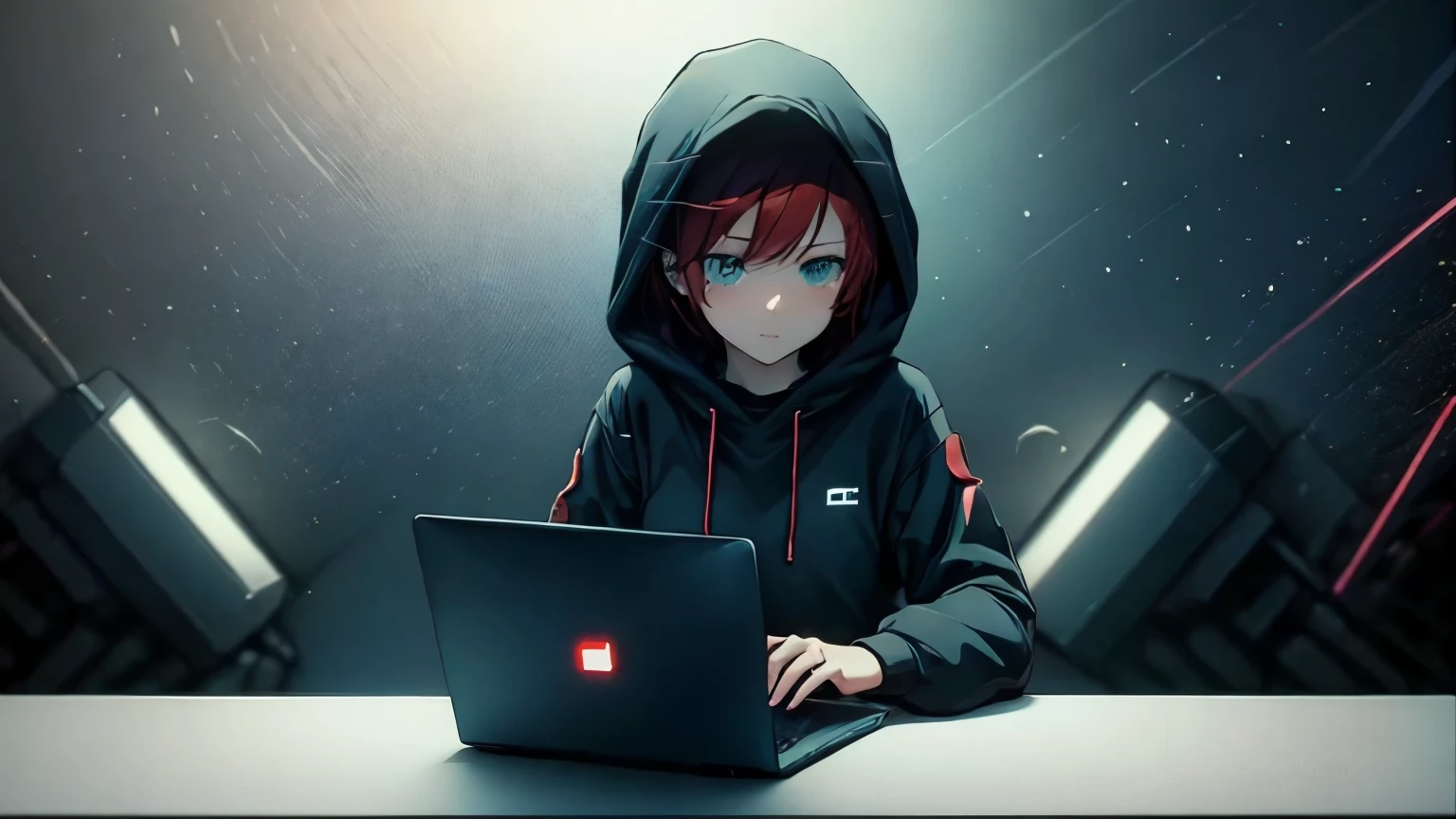 hacker anime girl working on a laptop, black background, dark room, low light, high quality, desktop background, wide angle, cute, perfect, short red hair, NEET, green eyes, happy, dim lighting, minimal color, black gradient border, minimalist, cutout, looking intense, developer, programmer, SUDO dark room, bedroom, very low light, cutout style, no drawing on the borders