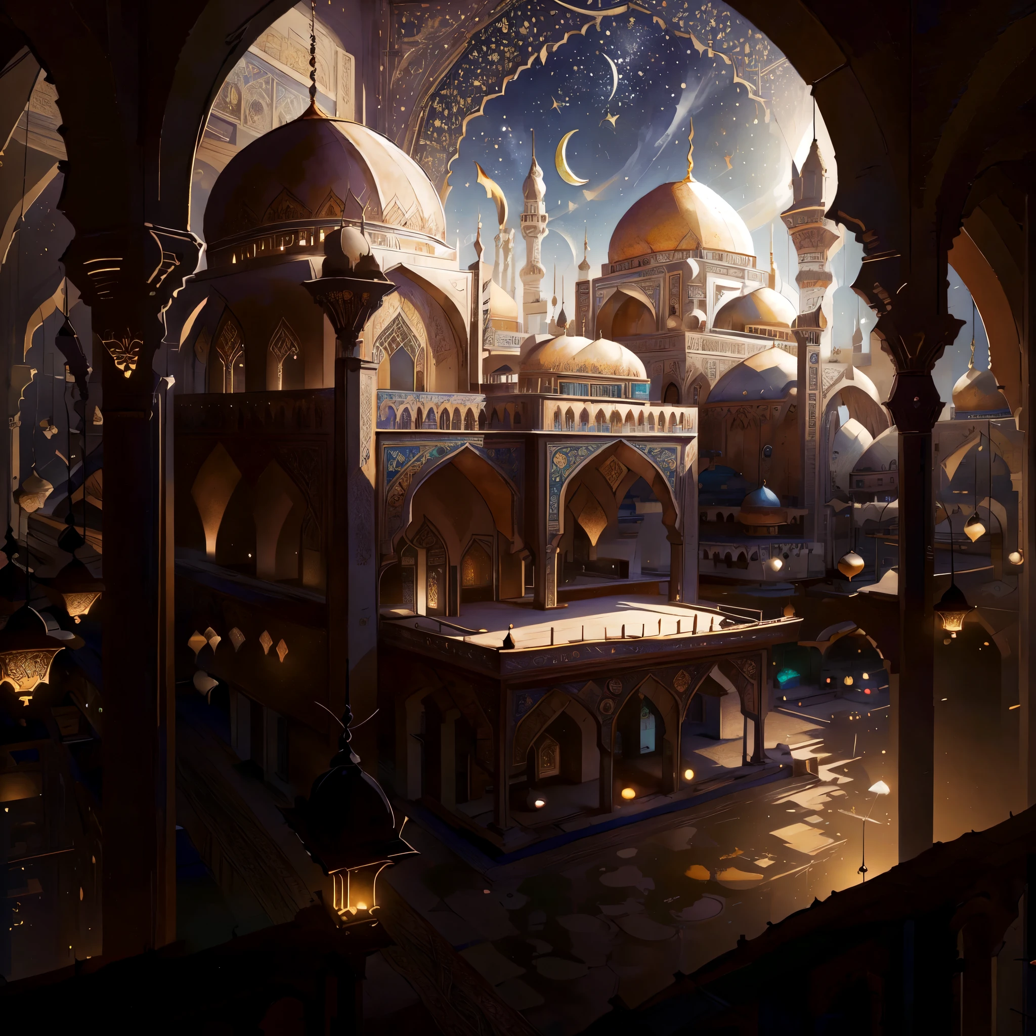 crescent moon, mosque, islamic patterns, high detail, Expressionism, Realism, sparkle, depth of field, cinematic lighting, backlighting, ray tracing, Fujicolor, ray tracing, glowing light, high quality, super detail, best quality, masterpiece, anatomically correct, textured skin, 16k