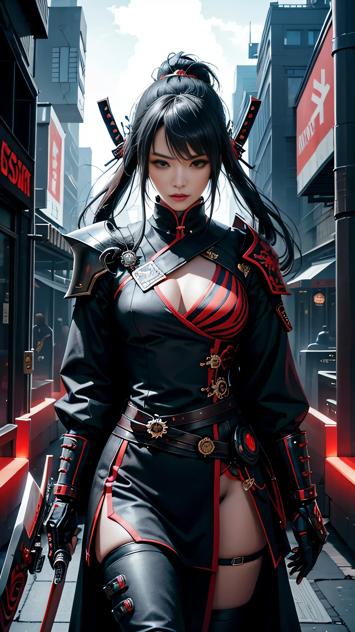 Beautiful woman in intricate Modern Samurai Outfit a drawing of a man in armor holding two swords, cyborg ninja, bio - mechanical ninja samurai, fractal cyborg ninja background, epic ninja suit, robot ninja, the omnipotent assassin, mystic ninja, assasin, ominous assassin, style of ghost blade, assassin, the red ninja, style of raymond swanland, intricate assasin armor, cyberpunk assassin