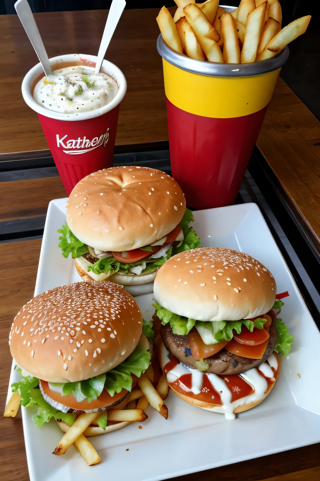 hanburguer com salada e katchup, batatas fritas e refrigerante em cima da mesa