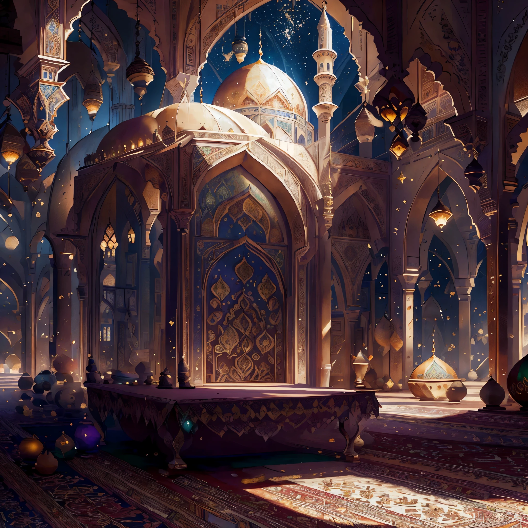 crescent moon, mosque, islamic patterns, high detail, Expressionism, Realism, sparkle, depth of field, cinematic lighting, backlighting, ray tracing, Fujicolor, ray tracing, glowing light, high quality, super detail, best quality, masterpiece, anatomically correct, textured skin, 16k