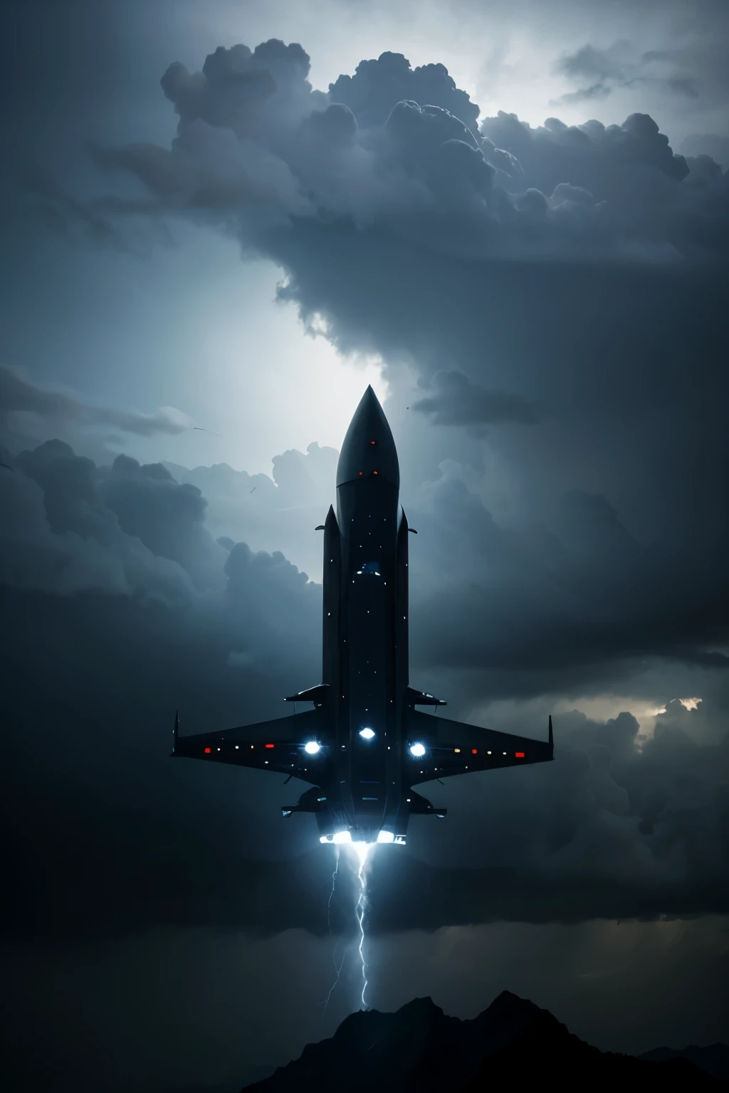 Spaceship descending from a dark stormy sky