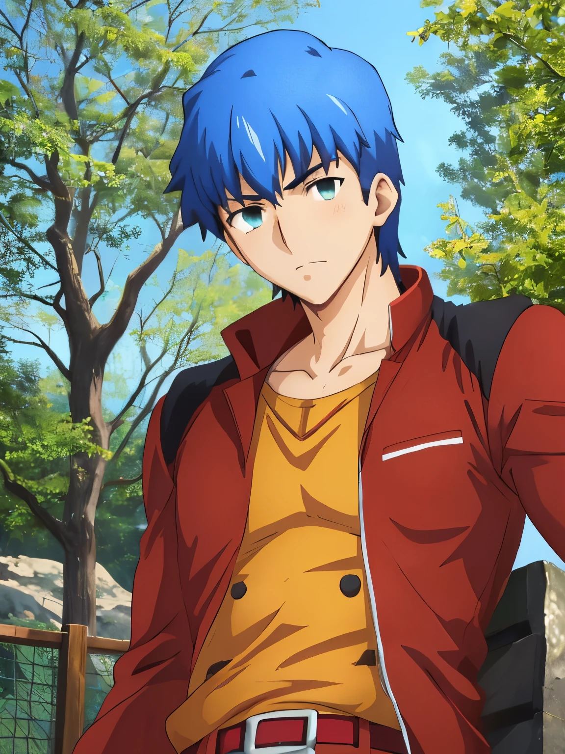 ufotable style, masterpiece, best quality, outdoor, 1boy, wilderness, cowboy shot, chirico, blue hair, school_uniform,