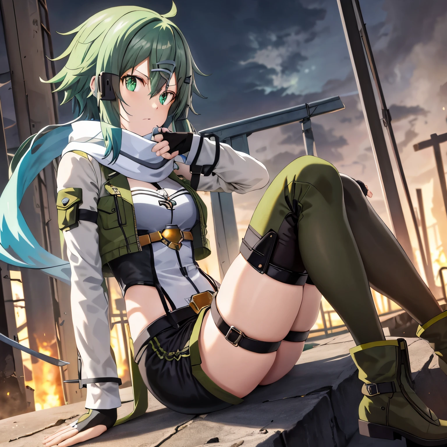 masterpiece, best quality, highres, 1girl, sinon1, scarf, fingerless gloves, long sleeves, short black shorts,light blue hair, hair ornament, hairclip, green thighhighs, green jacket, thigh strap, cowboy shot, ruins, sitting, (sword art online), hdr, urban, rooftop, collapsed buildings, war, catastrophe, disaster, serious, cold, glowing eyes, superpower, focusing, focus