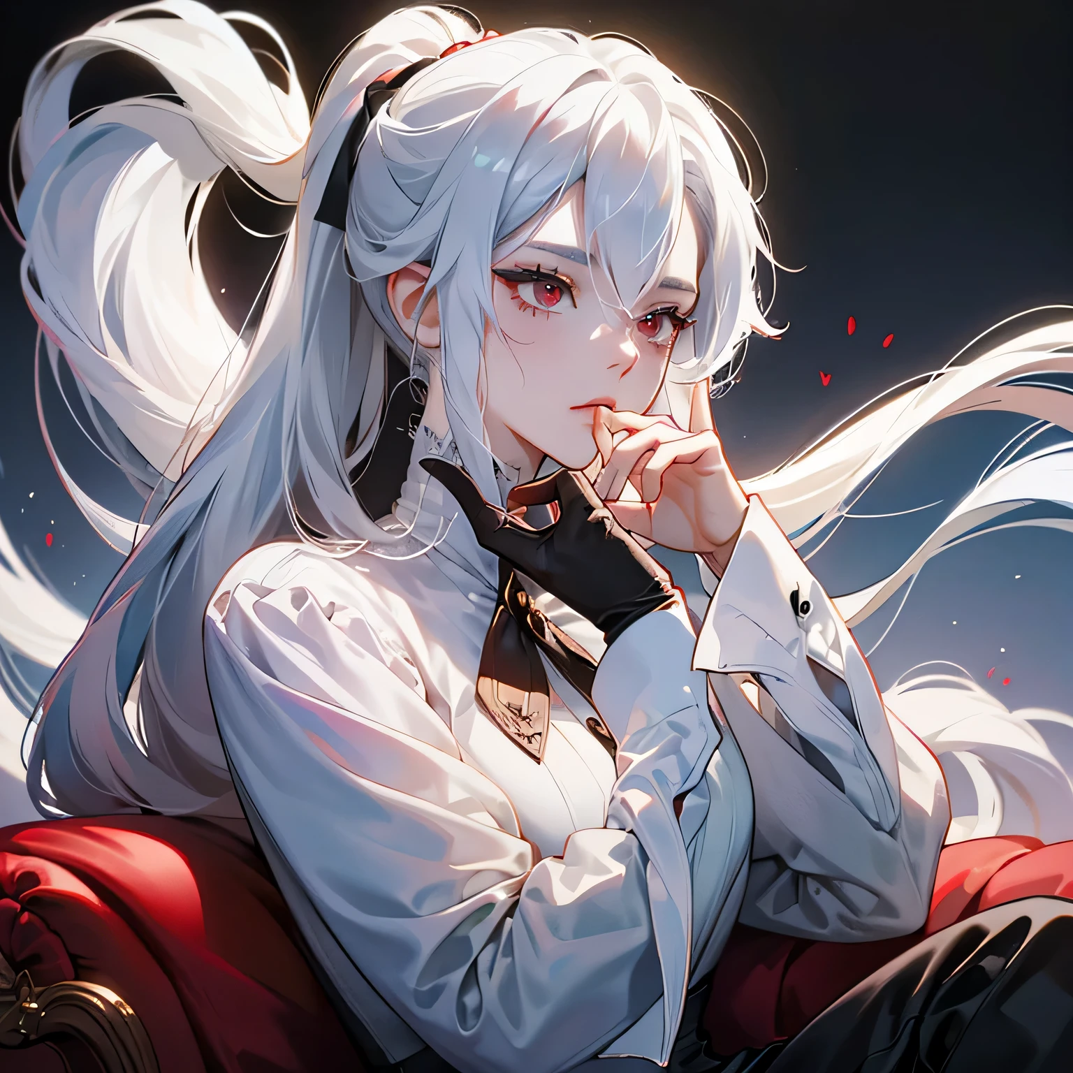 1 woman, long white hair pulled into a ponytail, sharp red eyes, wearing a white shirt with long sleeves, wearing black gloves, cold face, sitting elegantly drinking tea with one hand, in a dark room, with beautiful light, perspective at the bottom, nsfw