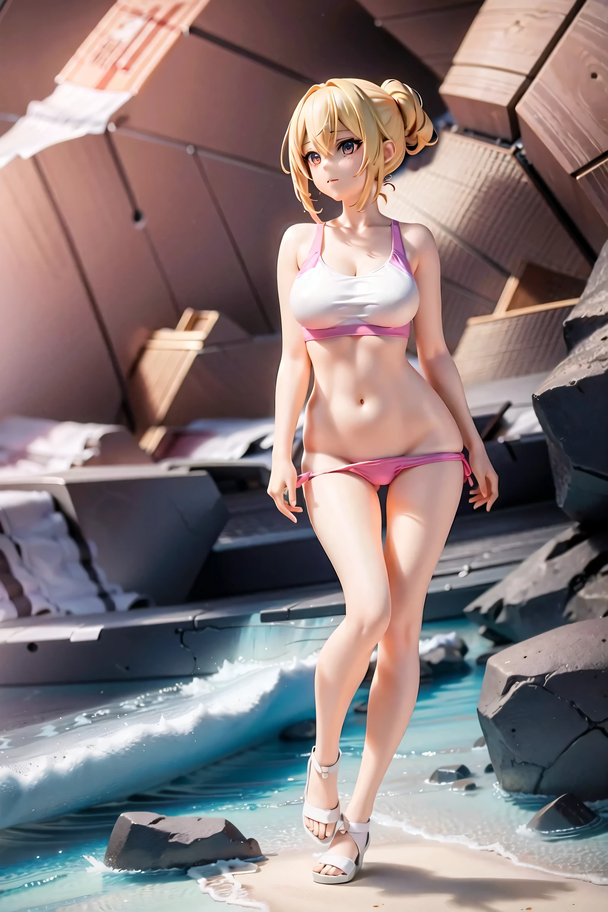 anime girl in pink bikini standing on rocks near the ocean, bikini realista, obra de arte al estilo de guweiz, arte suave del anime cg, guweiz, ross tran. scenic background, retrato de cuerpo entero de un corto!, estilo anime realista 3d, sociedad cg de cuerpo completo, render fotorrealista de chica anime, chica anime seductora, en un acantilado, arte animado digital, bragas mojadas, pubic hair, very high resolution ok, 4K resolution, polo mojado