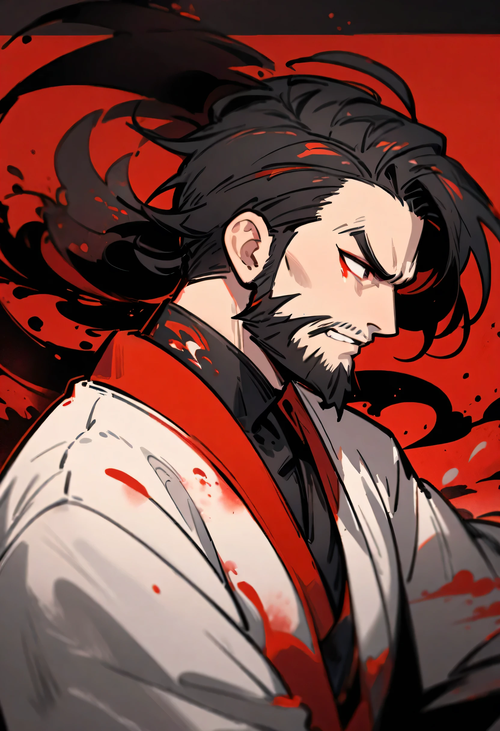 (masterpiece,best quality,),
baixl-shuimo, alone, 1 boy, male focus, red theme, Head silhouette in the wind, paint splatter, ink painting, red and black, beard,Rich details,line art,