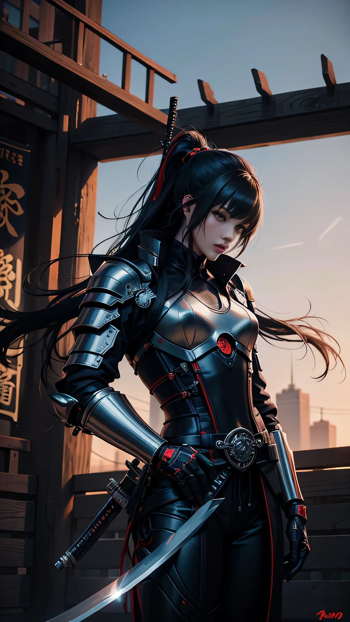 Beautiful woman in intricate Modern Samurai Outfit a drawing of a man in armor holding two swords, cyborg ninja, bio - mechanical ninja samurai, fractal cyborg ninja background, epic ninja suit, robot ninja, the omnipotent assassin, mystic ninja, assasin, ominous assassin, style of ghost blade, assassin, the red ninja, style of raymond swanland, intricate assasin armor, cyberpunk assassin