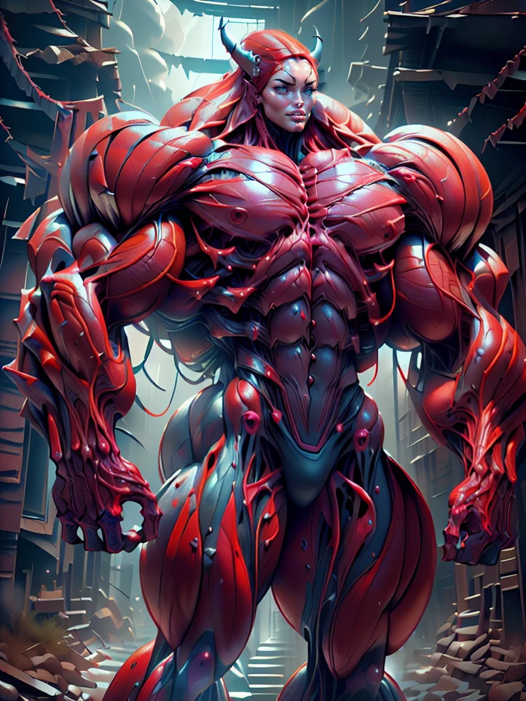 (1 girl), (megan fox:1.25), (long red hair), (carnage skinless physique:1.25), (1 super muscular undead skinless succubus with gigantic horns:1.25), (covered in red necrotic rotting skinless muscle:1.25), (exposed muscles & veins everywhere:1.25), (perfect fingers:1.25),(8k, RAW photo, photorealistic:1.25), dark horrific scary atmosphere, hellish landscape, Hellraiser like atmosphere,