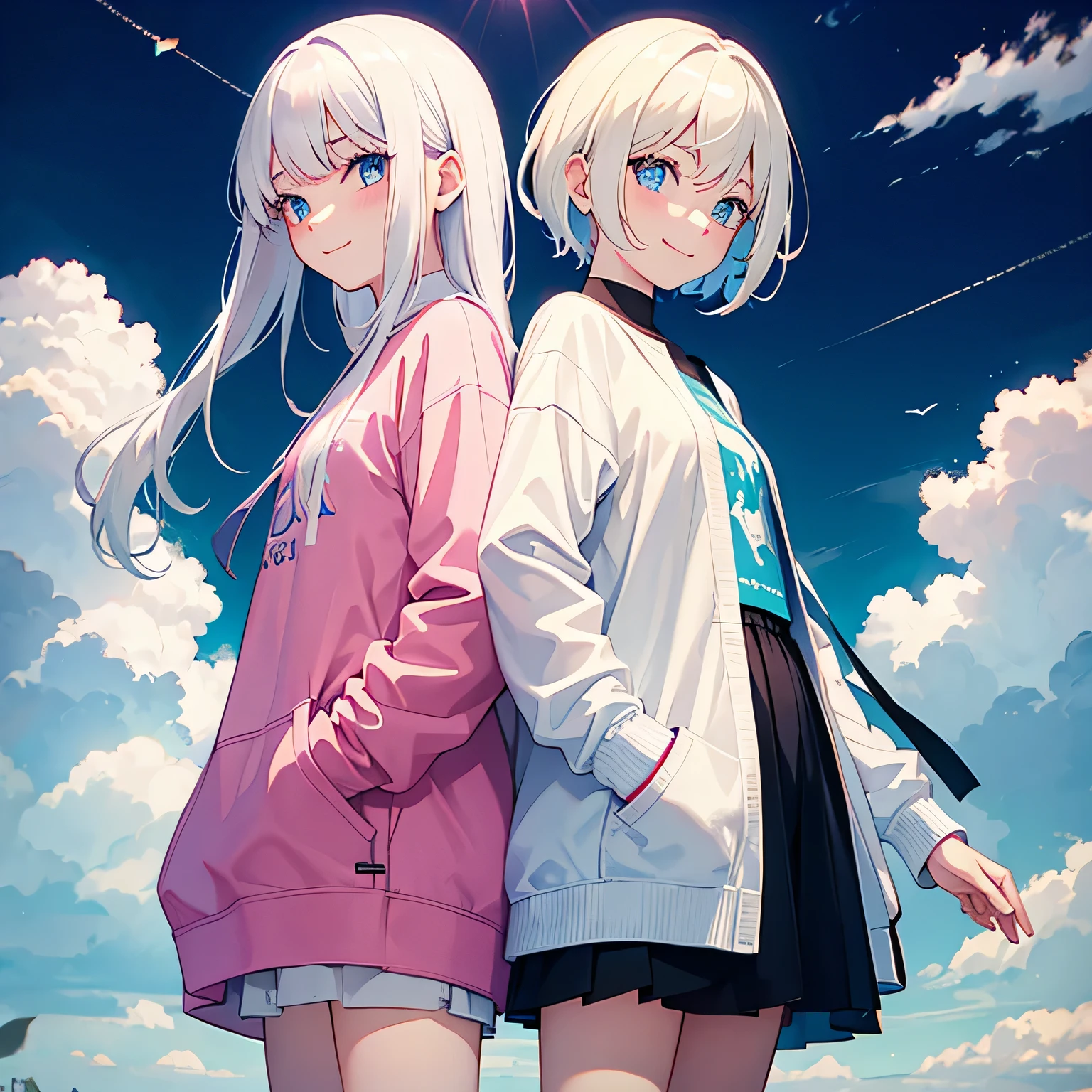 White-haired girl with blue eyes，Smile，pink sweatshirt，two-dimensional，sisters，a short hair, a long hair，One hand in pocket, Another one exposed，City