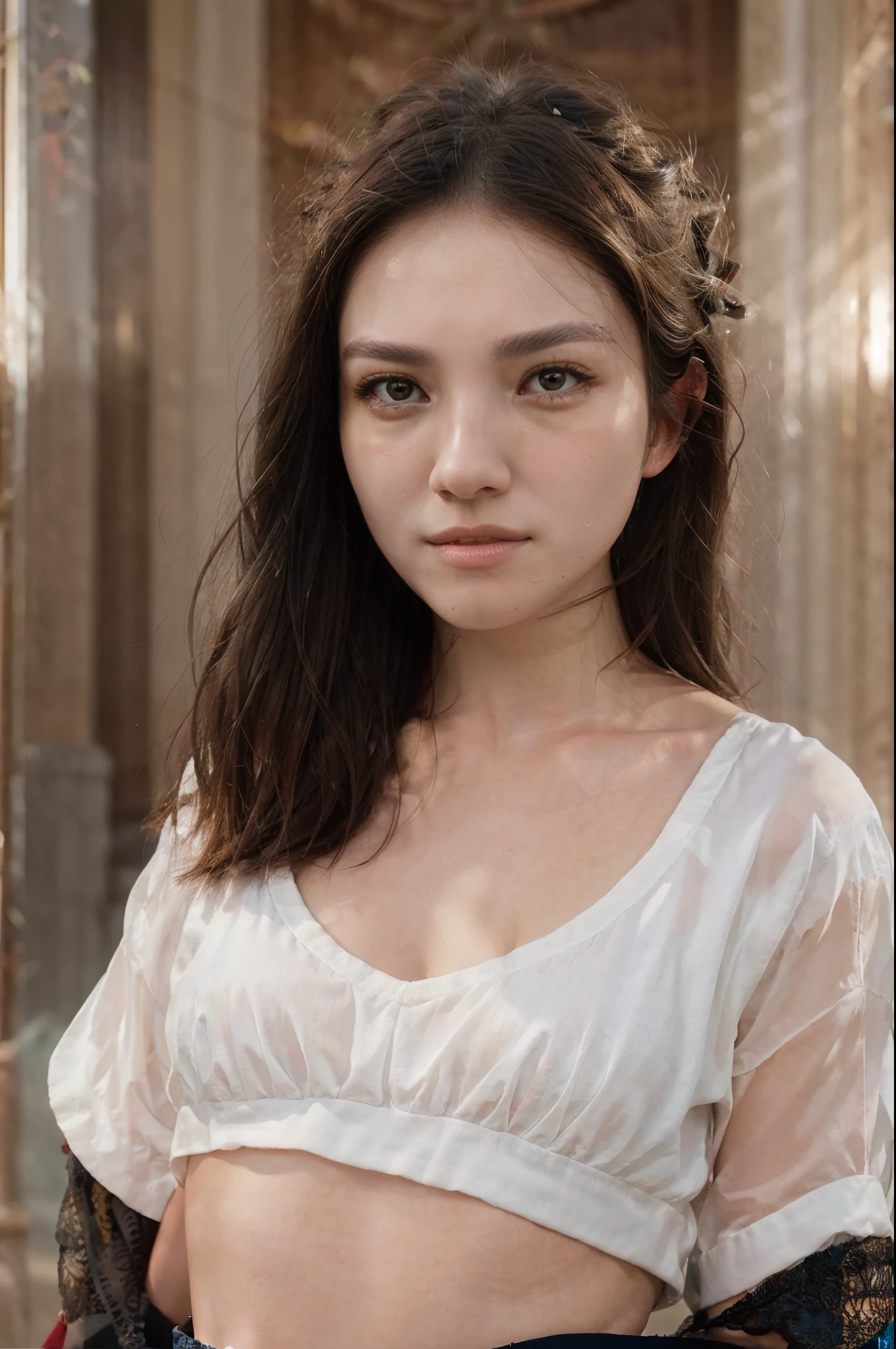 best quality,ultra-detailed,realistic:1.37,portraits,beautiful detailed eyes,beautiful detailed lips,extremely detailed eyes and face,longeyelashes,oil painting,[Maria Zhang],feminine,graceful pose,soft lighting,vibrant colors,flowing dress,serene background
