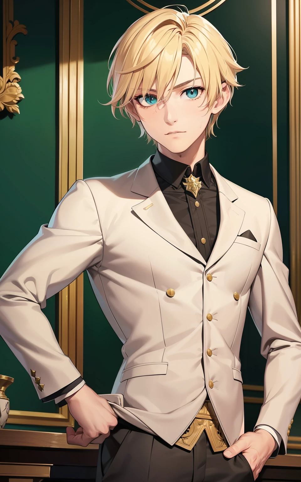 best quality, Very detailed, RPG portrait, concept table,blonde short hair,green pupils,dark suit,black suit,modern dress,Successful men,urbane,adult male,anime style,Two-dimensional man,white male,feeling of youth, masterpiece,