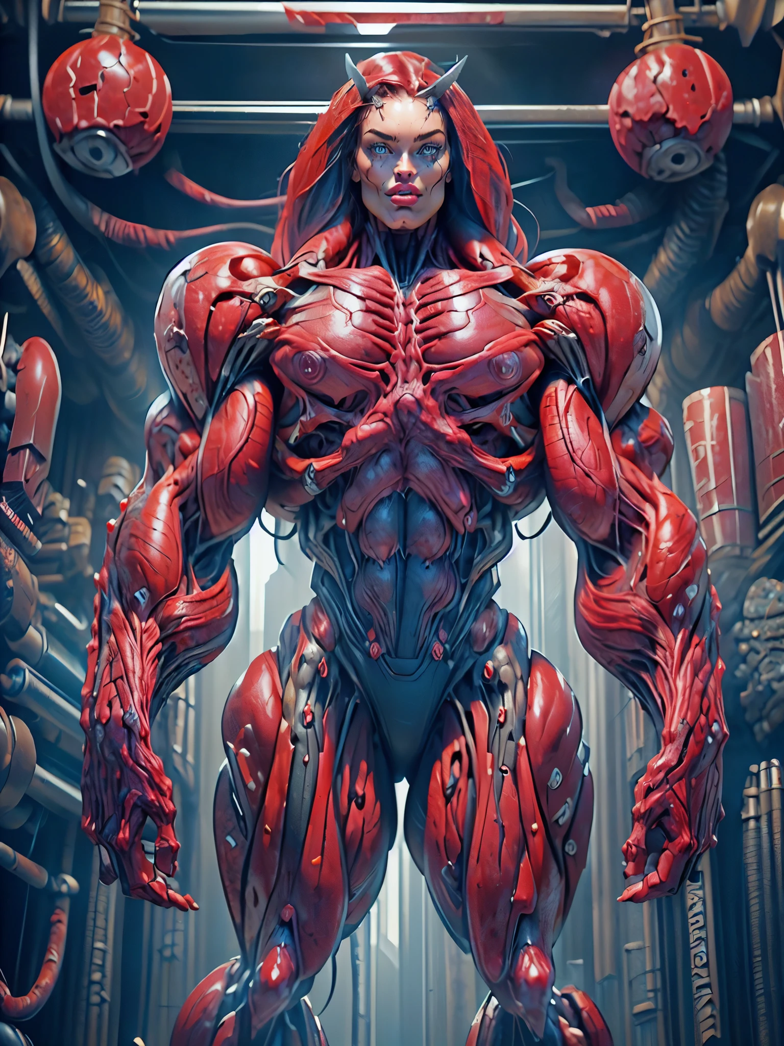(1 girl), (megan fox:1.25), (long red hair), (carnage skinless physique:1.25), (1 super muscular undead skinless succubus with gigantic horns:1.25), (covered in red necrotic rotting skinless muscle:1.25), (exposed muscles & veins everywhere:1.25), (perfect fingers:1.25),(8k, RAW photo, photorealistic:1.25), dark horrific scary atmosphere, hellish landscape, Hellraiser like atmosphere,