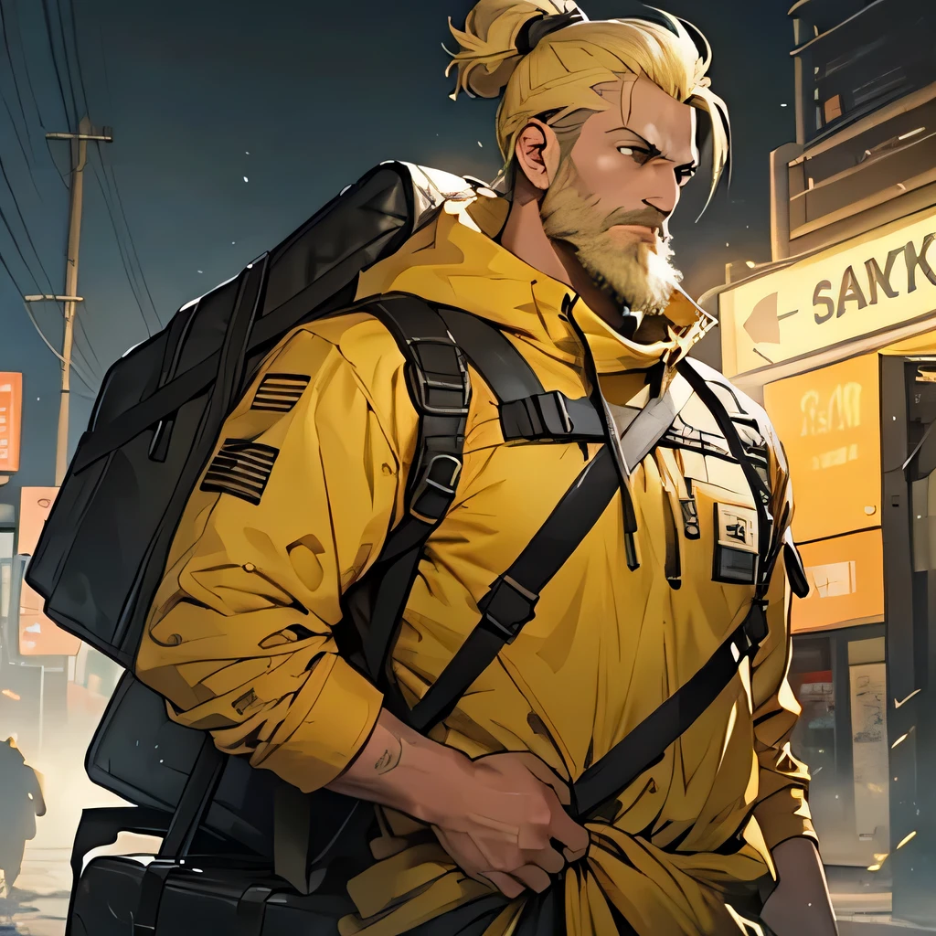 wearing yellow clothes beard topknot like death stranding blonde You can carry large luggage with one vehicle.'A banana sticks out from my back luggage. night desert background