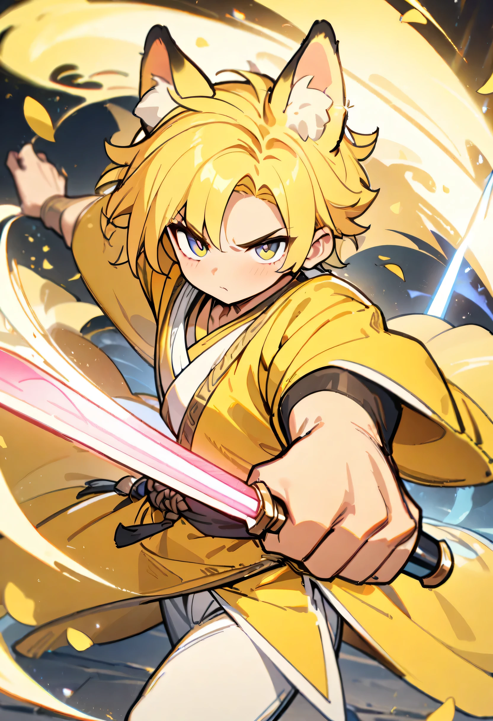 1 boy,male focus,Animal ears,yellow hair,Energy sword,flashing,glowing sword,unsheathed sword,alone,Yellow Hanfu,Hold the handle of the knife with your hand,Brave and spirited,Sword dance,holding sword,looking at the audience,petal,alone,permanent,(masterpiece,best quality:1.2),
