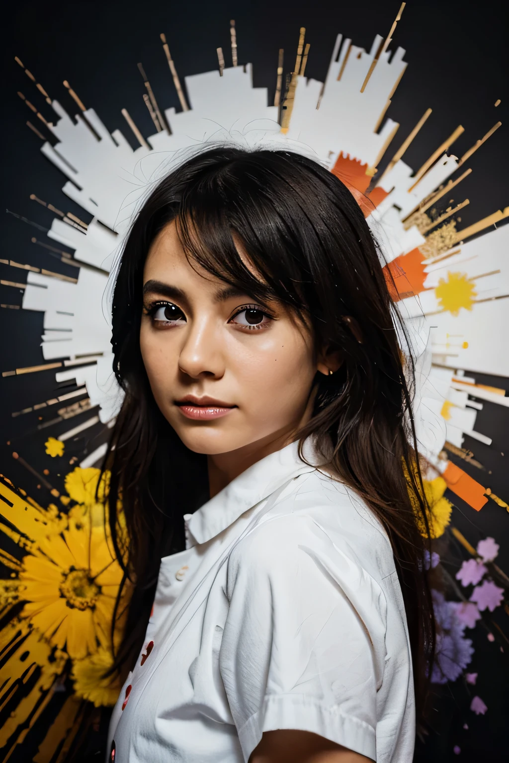 Una persona sentada frente a un lienzo en blanco, with an expression of concentration and passion. A su alrededor, there is an explosion of colors and abstract shapes, representando el flujo creativo desatado por las emociones.