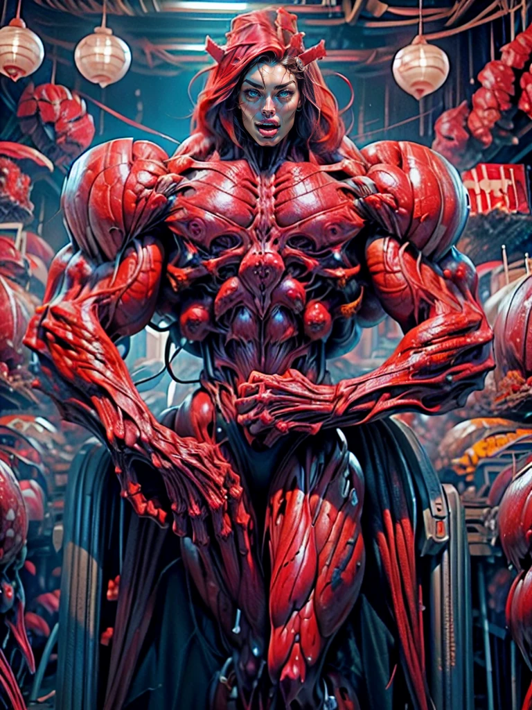 (1 girl), (megan fox:1.25), (long red hair), (carnage skinless physique:1.25), (1 super muscular undead skinless succubus with gigantic horns:1.25), (covered in red necrotic rotting skinless muscle:1.25), (exposed muscles & veins everywhere:1.25), (perfect fingers:1.25),(8k, RAW photo, photorealistic:1.25), dark horrific scary atmosphere, hellish landscape, Hellraiser like atmosphere,