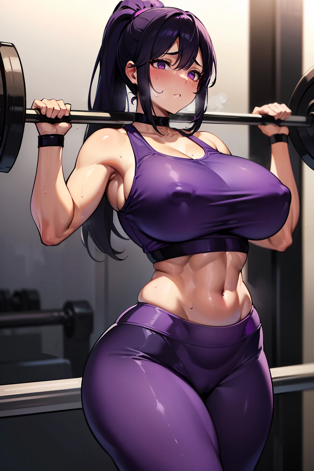 (masterpiece), best quality, purple, expressive eyes, , purple perfect face, gym, workout, hot, sweating, sweaty, tan, big , tan skin, flustered, purple, lifting weights purple clothes, blush, purple clothes, see thru, yoga pants, black hair, lifting weights,curvy woman , black hair, purple eyes ,, purple pants ponytail, purple, purple clothes, purple pants,, multiple men, curvy, massive breasts, front view,curvy milf, purple , woman working out, heavy lifting, lifting weights, lifting heavy weights, lifting, weights, gym, workout in gym, lifting weights