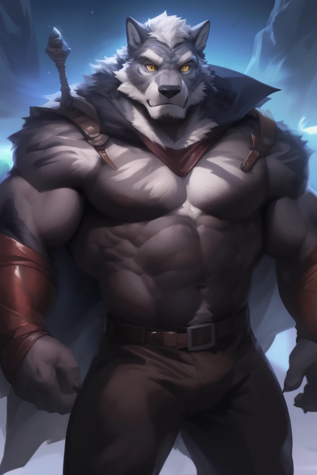 Wolf, in partial shade, black cloak. 4K, High resolution, best quality, perfect color, perfect shade, perfect lighting, Posted by e621, hairy body, Wolf, gray fur, gray skin, alone, male, aldult, Naked breasts, male,big muscles ,(very muscular, shallow, Heavyweight, Strong jigazad:1.2), correct ???????, (realistic fur, fine fur, epic, masterpiece:1.2), (dark fantasy world background, trees, black sky, night, cold), (through fiddler tarant, Through Chun Ni, by Traver009, via world football federation:1.1), (Black leather underwear, belt:1.2), (delicate eyes, golden eyes:1.2), (Half body:1.1), serious face, Strong posture, proudly, soft shadow, looking at the audience, messy fur, rough