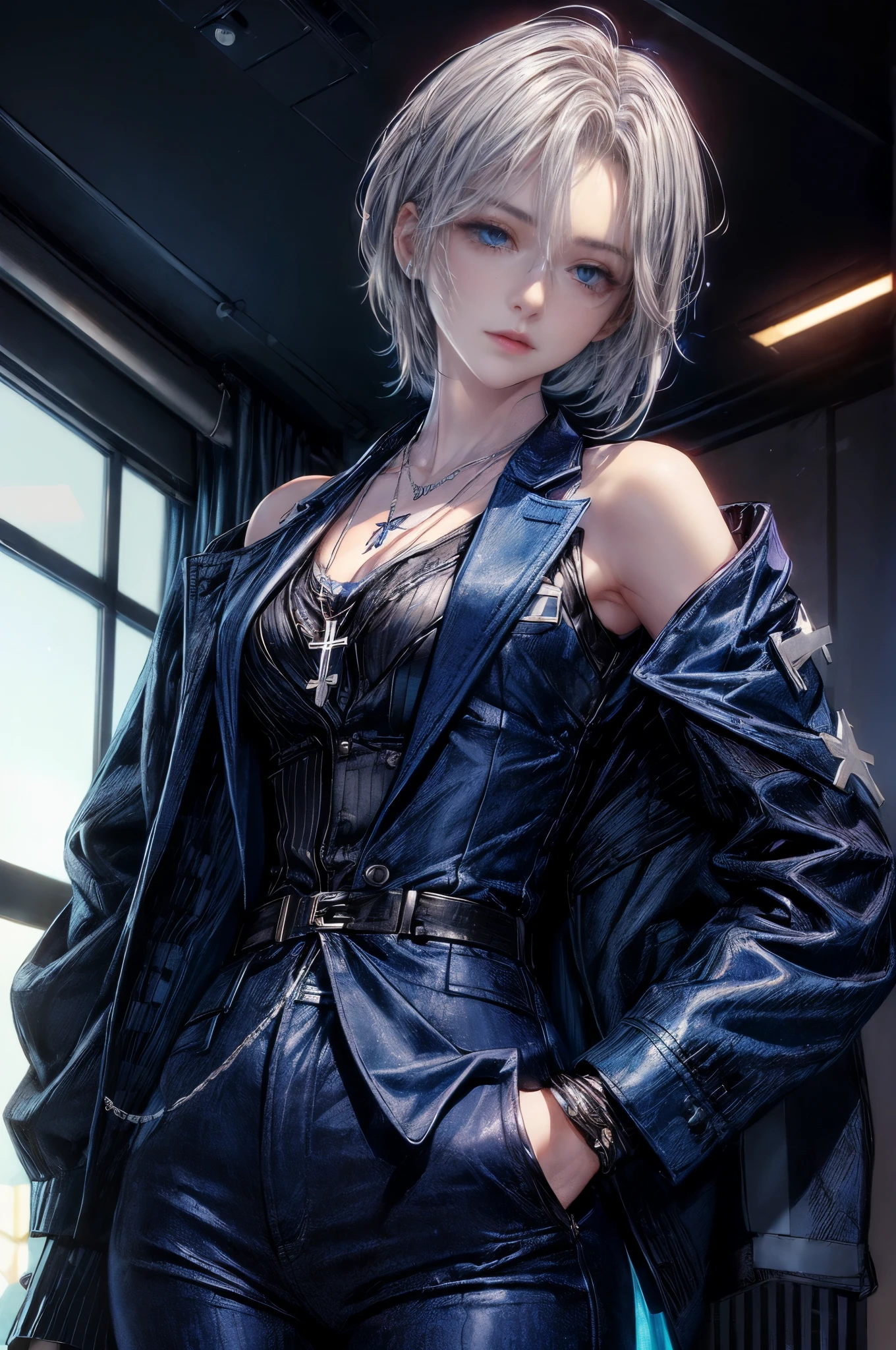 cinematic lighting、highest quality,A bright cyberpunk world、1 female、(20 year old beautiful woman、Detailed beautiful facial 、short hair、shoulder length hair、blue eyes:1.4)break,medium hair、（vivid Shiny BLUEヘアカラー:1.6）
break
 (Perfect dark black jacket blazer、dark blue trousers:1.3), (white collar shirt👔、Silver Cross necklace:1.3)、break.（blue hair）
（Stylish, modern office style、Bright office atmosphere、Inside a spacious stylish modern office with windows、daytime:1.2）break（portrait angle）