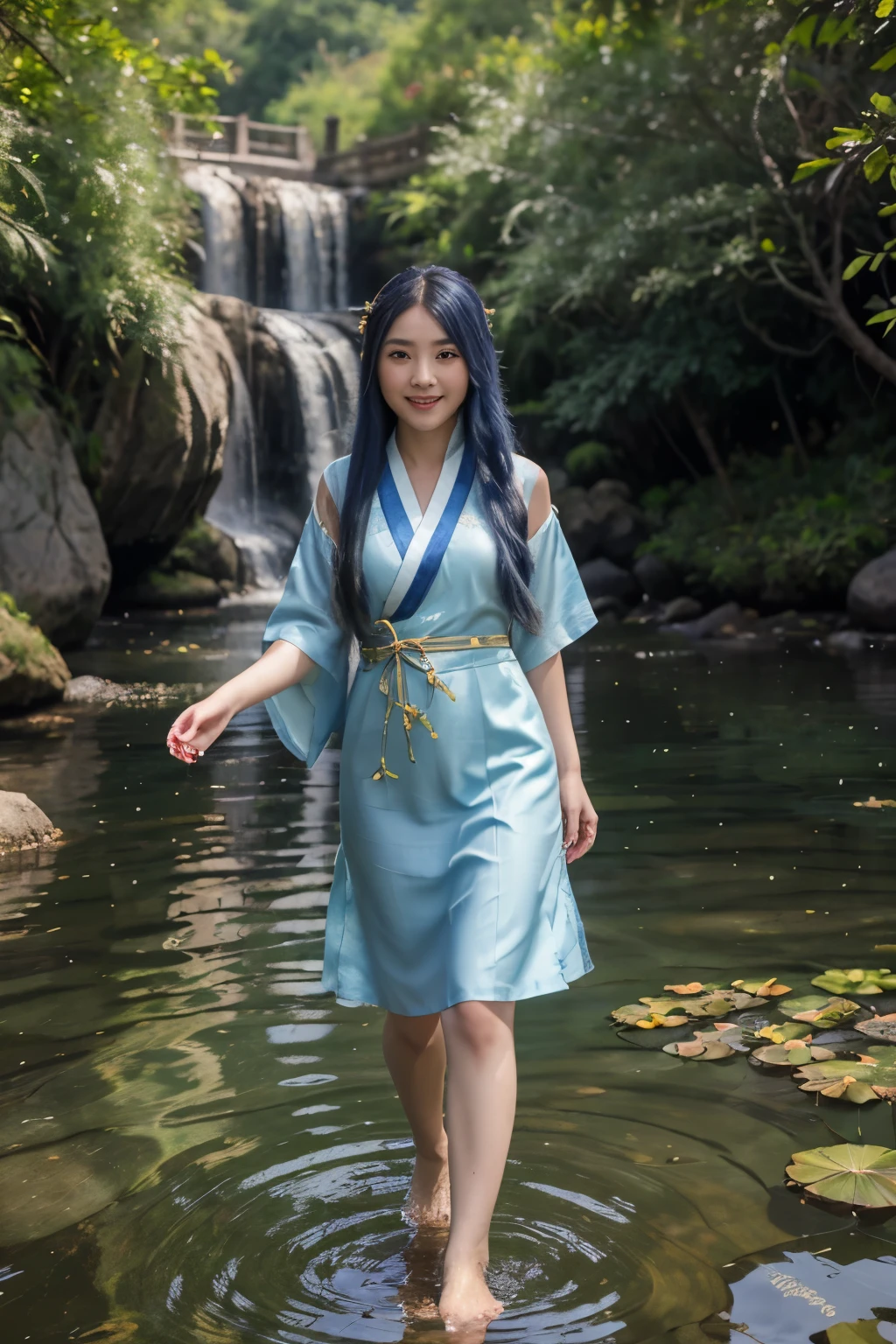((4k,masterpiece,best quality)), shuimobysim, Chinese painting, lotus, hanfu, maxiskit, dress open, swf 1girl, solo, long blue hair, smile, standing, feet in the water, barefoot,