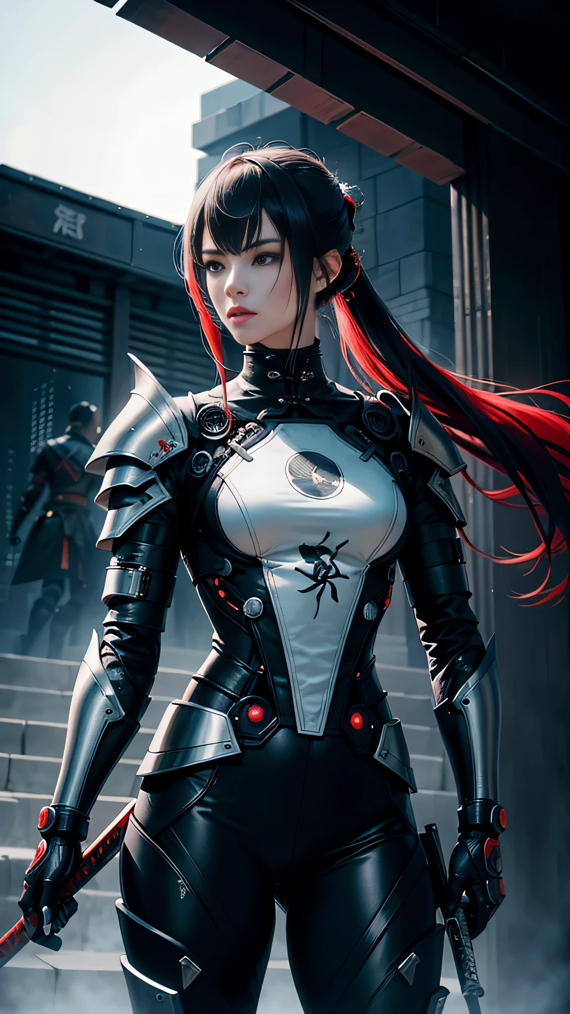 Beautiful woman in intricate Modern Samurai Outfit a drawing of a man in armor holding two swords, cyborg ninja, bio - mechanical ninja samurai, fractal cyborg ninja background, epic ninja suit, robot ninja, the omnipotent assassin, mystic ninja, assasin, ominous assassin, style of ghost blade, assassin, the red ninja, style of raymond swanland, intricate assasin armor, cyberpunk assassin