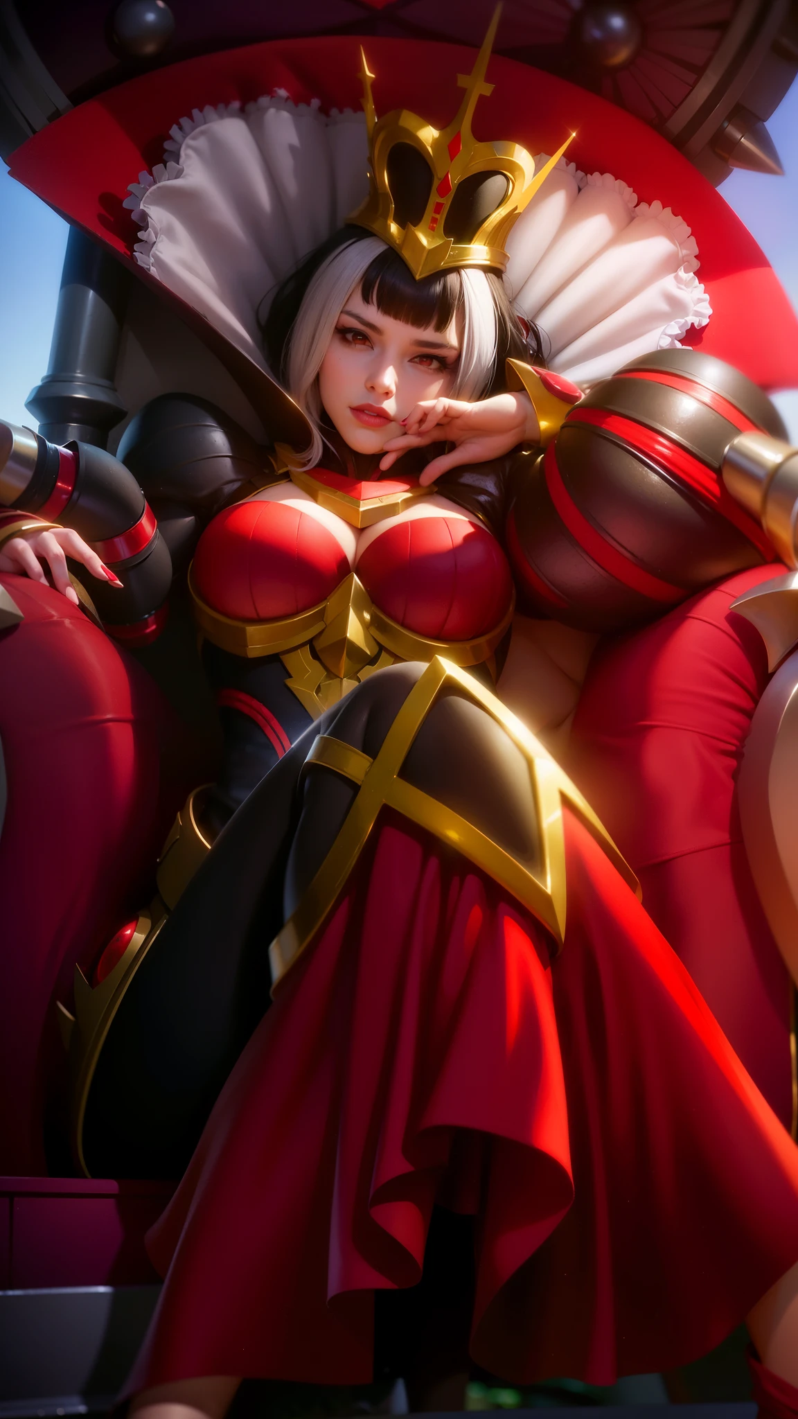 (female:1.2), 8k, ultra hd, ultra detailed texture, hyper realistic, masterpiece, detailed texture, detailed face, detailed skin, detailed lighting, (photorealistic:1.5), best quality, beautiful lighting, cinematic lighting, professional lighting, ultra highres, realistic, detailed hair, real hair, high quality, (realskin:1.5), extremely detailed, finely detail, ultra-detailed, 1girl, solo, standing, demon horns, (red eyes:1.5), v-shapped eyebrow, lips, red lips, evil smile, nose, make up, pretty, beautiful, long hair, black hair, high ponytail, large breasts, cleavage, armpit, navel, stomach, black armor, pauldrons, bare shoulders, shoulder armor, thigh high, sleevless, detached sleeves, breastplate, gauntlets, karina \(mobile legends\), depth of field, looking aways, white skin, skin tight, amazing pose, outdoors, glowing, dark view