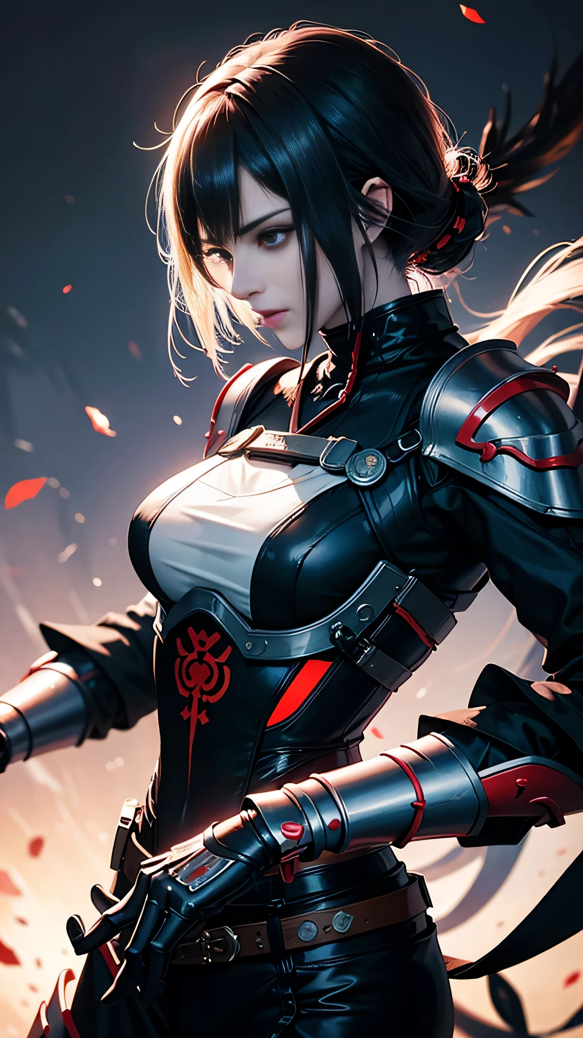 Beautiful woman in intricate Modern Samurai Outfit a drawing of a man in armor holding two swords, cyborg ninja, bio - mechanical ninja samurai, fractal cyborg ninja background, epic ninja suit, robot ninja, the omnipotent assassin, mystic ninja, assasin, ominous assassin, style of ghost blade, assassin, the red ninja, style of raymond swanland, intricate assasin armor, cyberpunk assassin