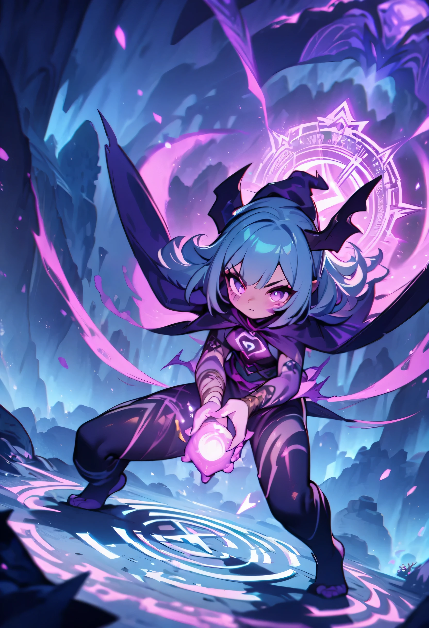 Witch in intricate magic circle,kneeling,casting spell,Glowing tentacles,Magic rune tattoo,cave,dungeon,spell,fantasy art,Amazing gradient colors,, (masterpiece,best quality:1.2)