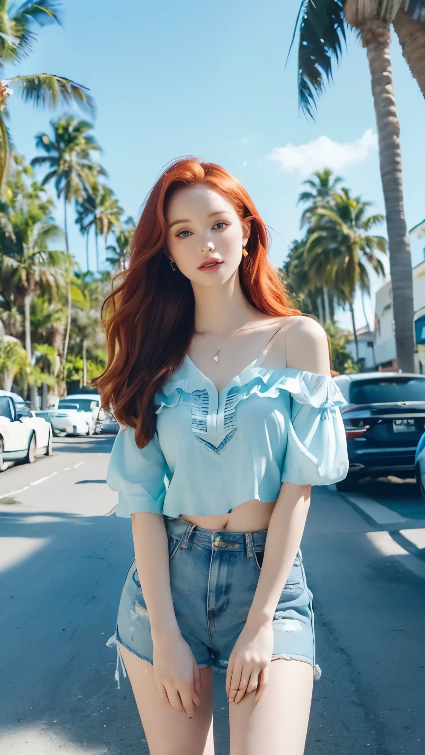 madelaine petsch, (perfect body), (((on a beautiful street with lots of palm trees and vegetation))), (((blusa top branco))), (((saia colada azul))), distant image, ((full body photography)), ((insanely detailed face)), (((photography4k))), ((sun day)), (((blue sky, happy day))), cores vivas, fundo vivo, sozinha