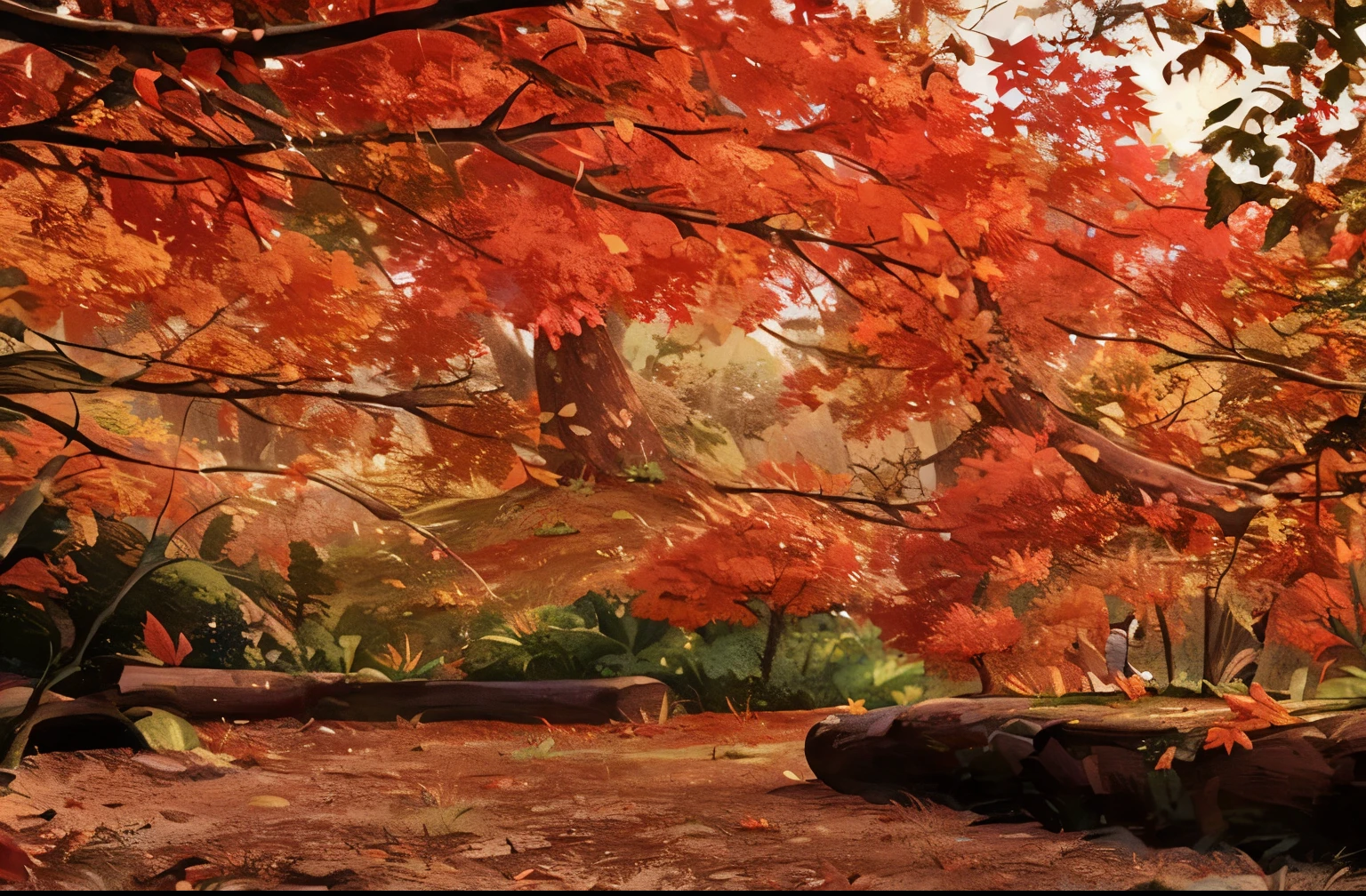 Red leaf trees in deciduous park, ground，maple trees with autumn leaves, mangrove, burning forest, autumn colors oak tree, autumn leaves, autumn maple tree, red leaves on the ground,autumn period